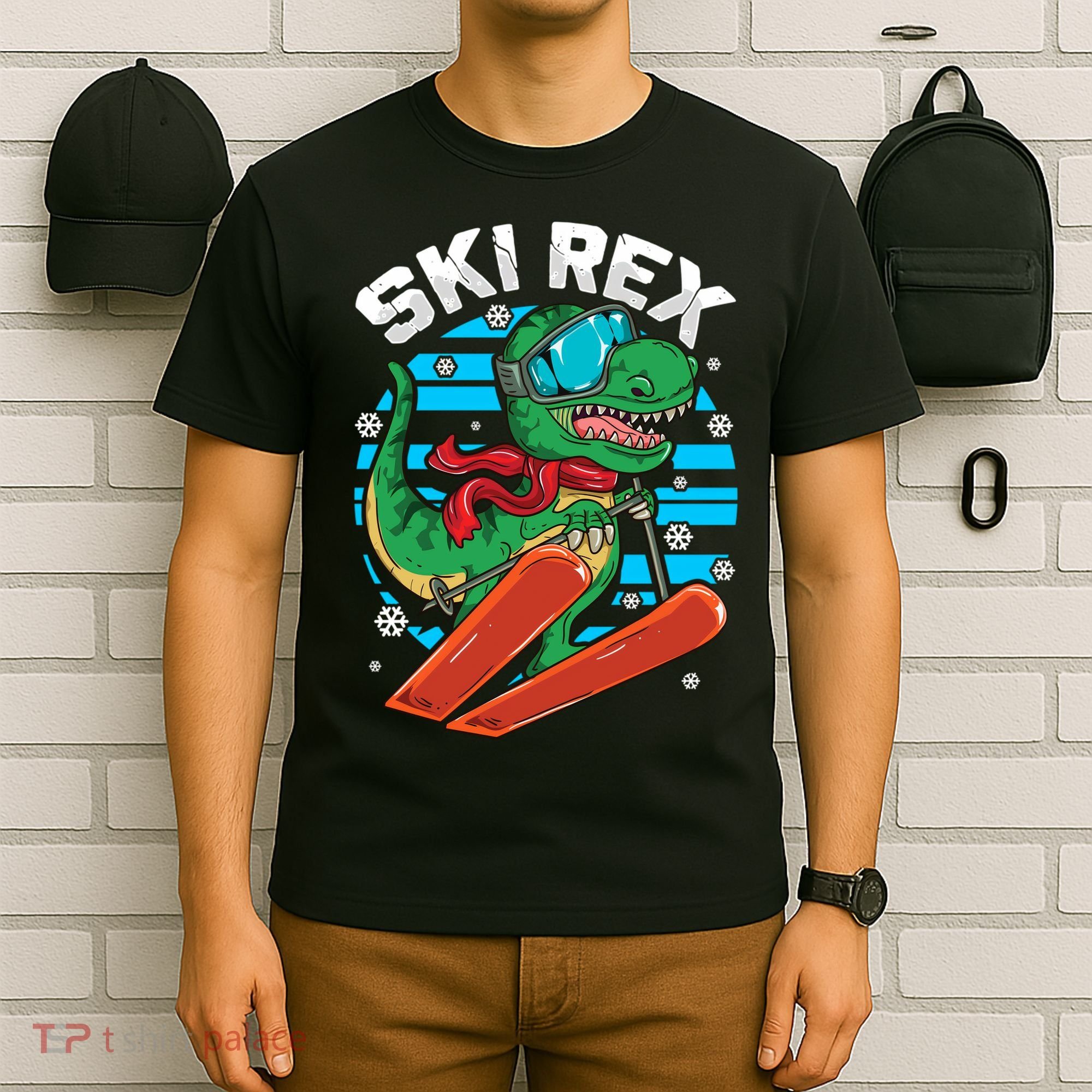 Funny Tyrannosaurus Rex Dinosaur Girls Skiing SKI REX T-Shirt