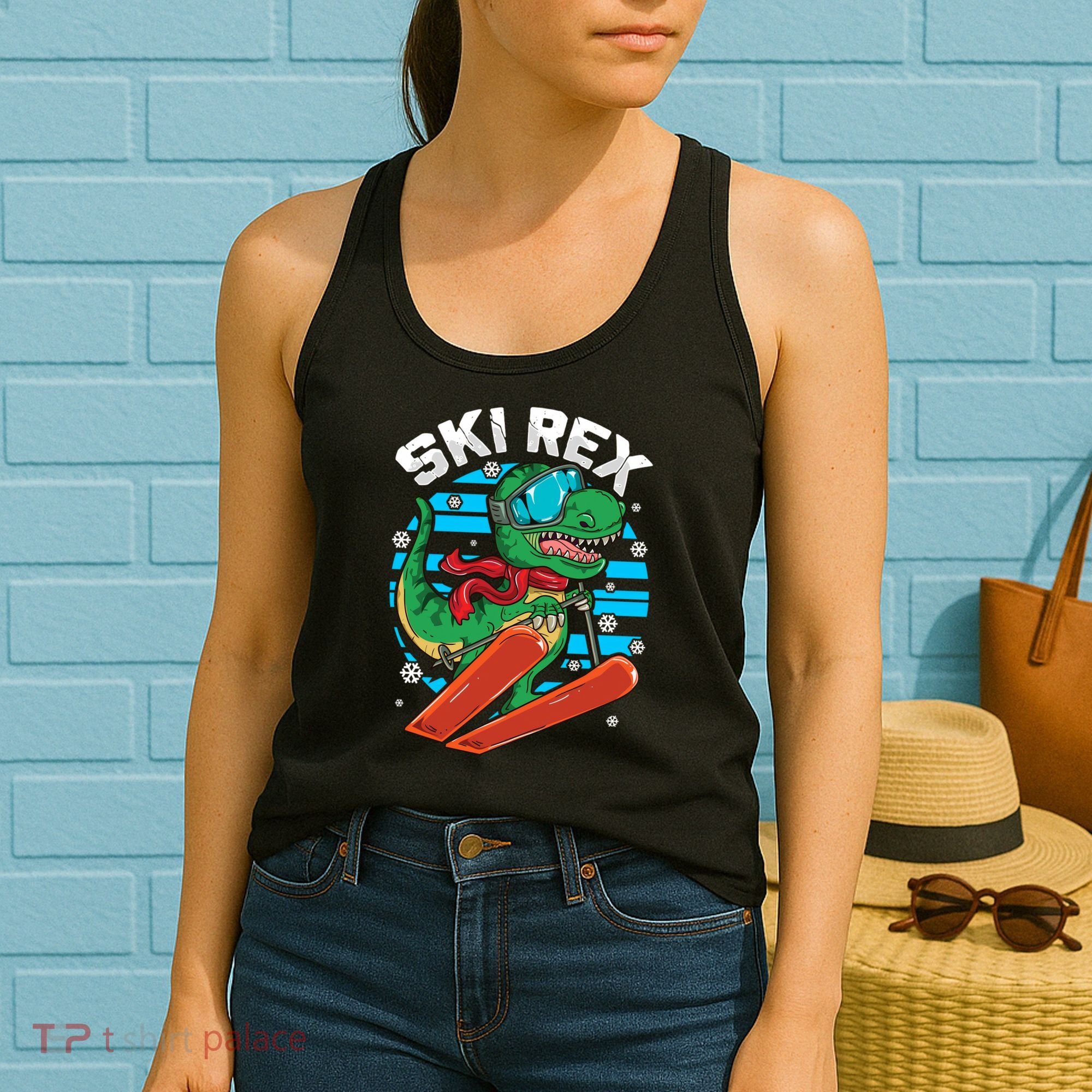 Funny Tyrannosaurus Rex Dinosaur Girls Skiing SKI REX Women's Tank Top