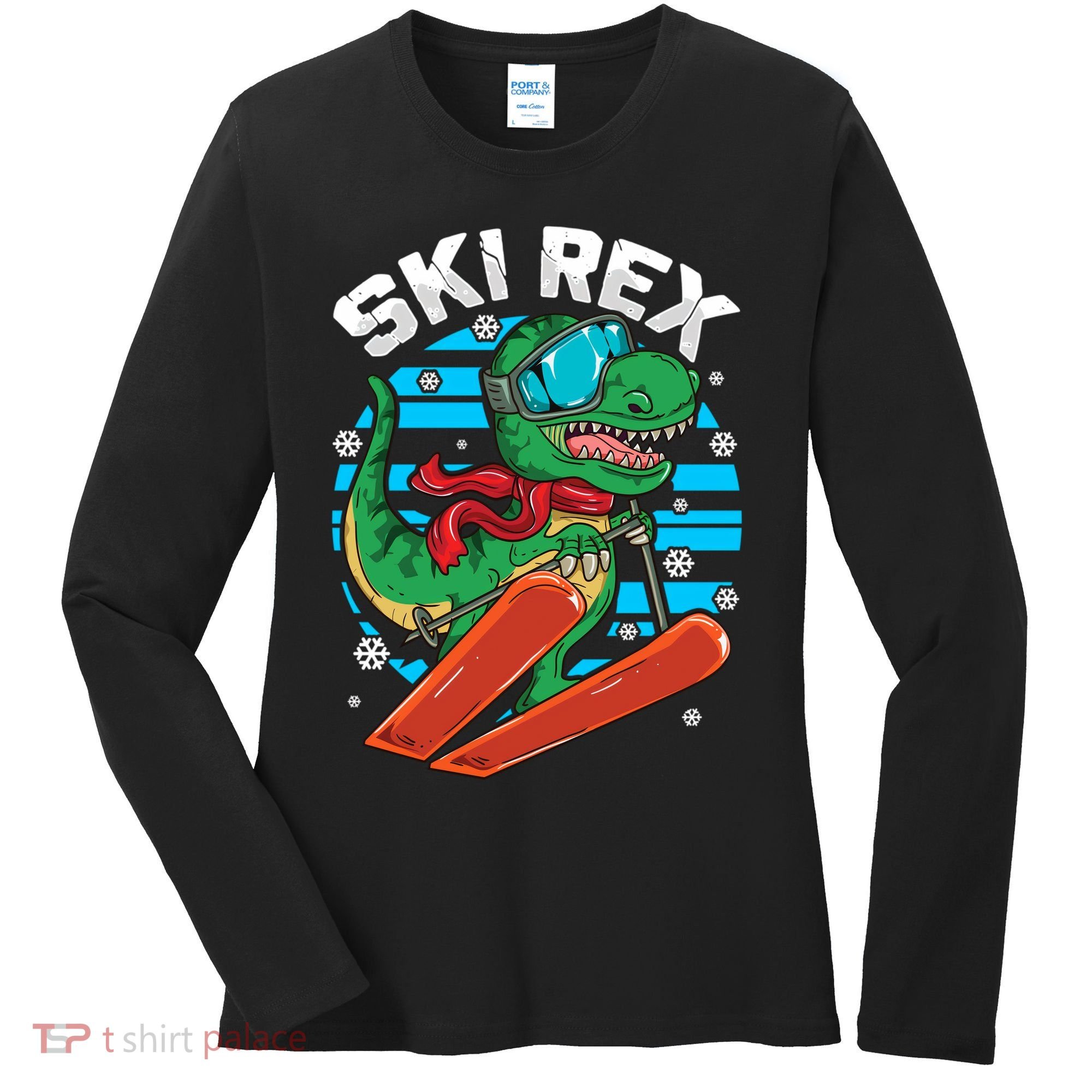 Funny Tyrannosaurus Rex Dinosaur Girls Skiing SKI REX Women's Long Sleeve Shirt