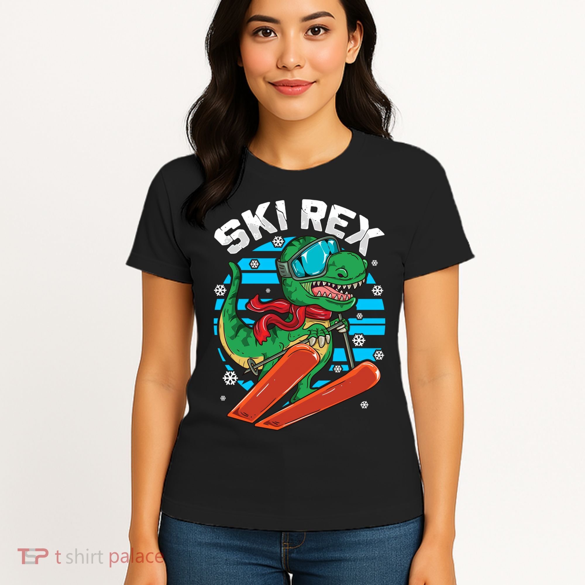 Funny Tyrannosaurus Rex Dinosaur Girls Skiing SKI REX Women's T-Shirt