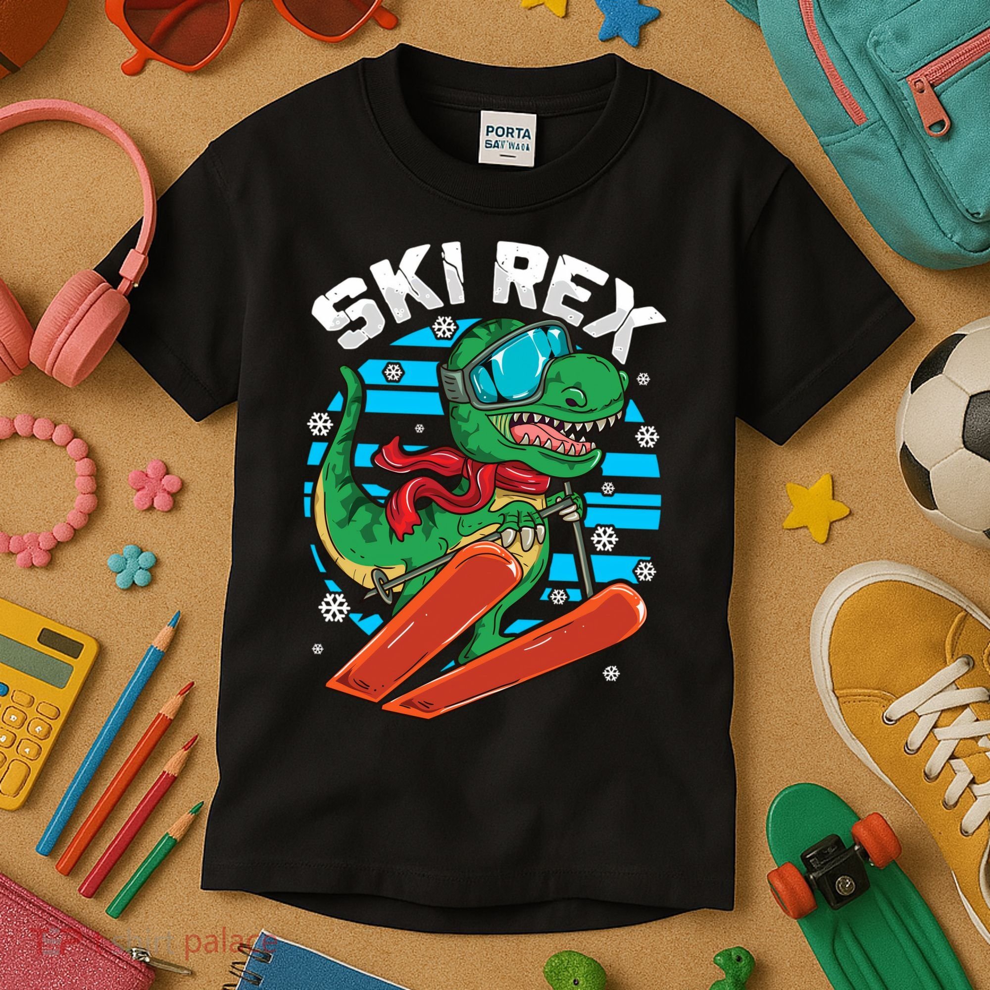 Funny Tyrannosaurus Rex Dinosaur Girls Skiing SKI REX Kids T-Shirt