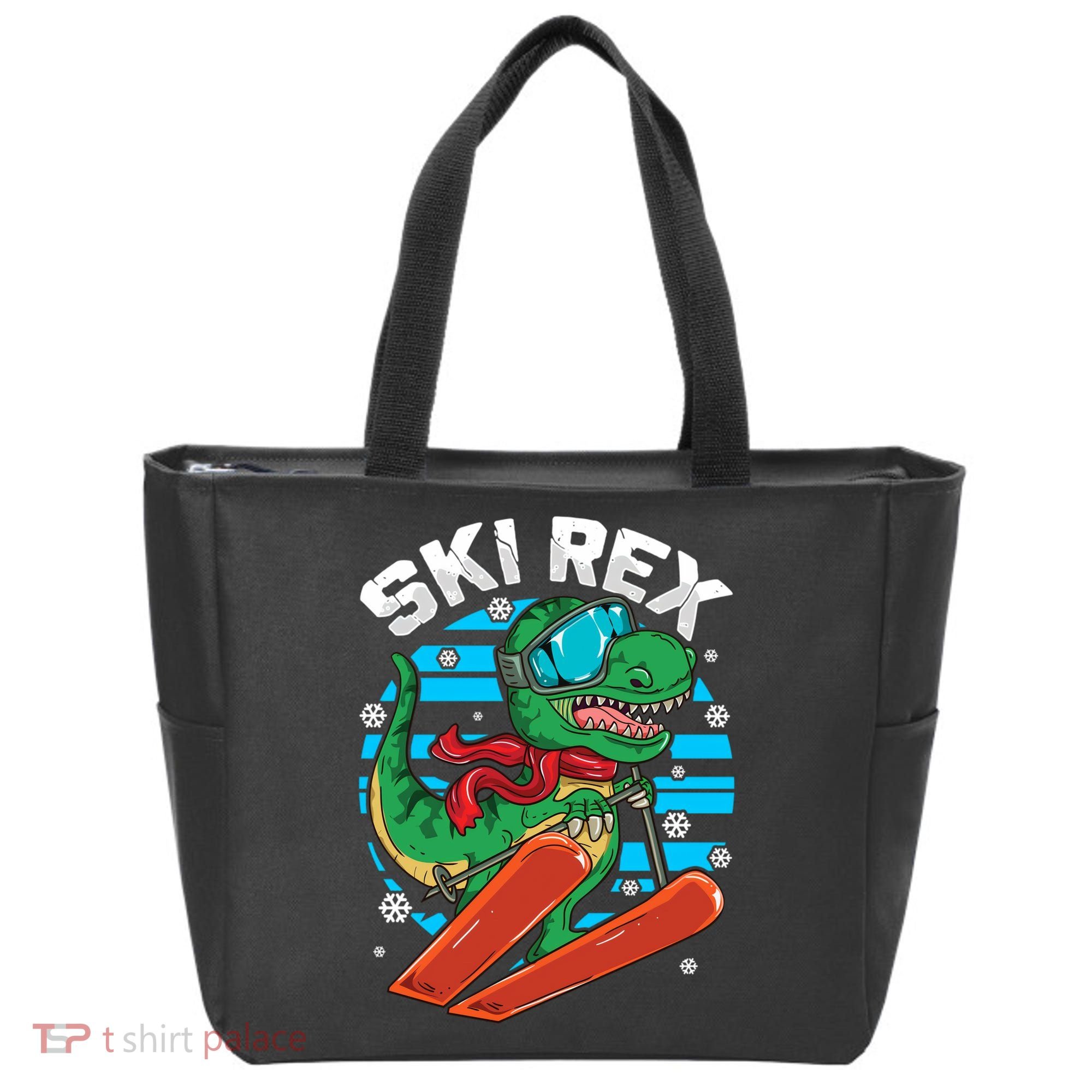 Funny Tyrannosaurus Rex Dinosaur Girls Skiing SKI REX Tote Bag