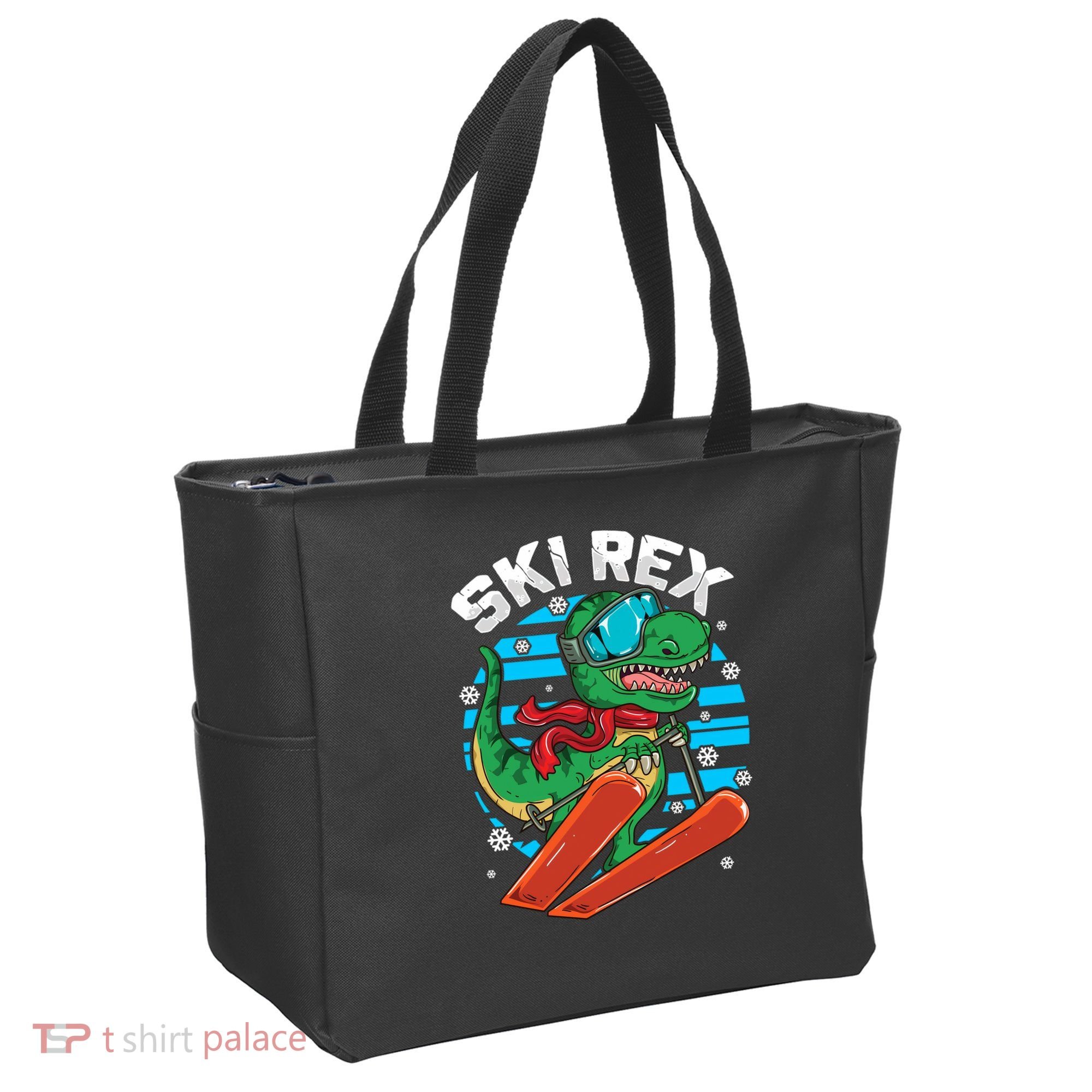 Funny Tyrannosaurus Rex Dinosaur Girls Skiing SKI REX Tote Bag