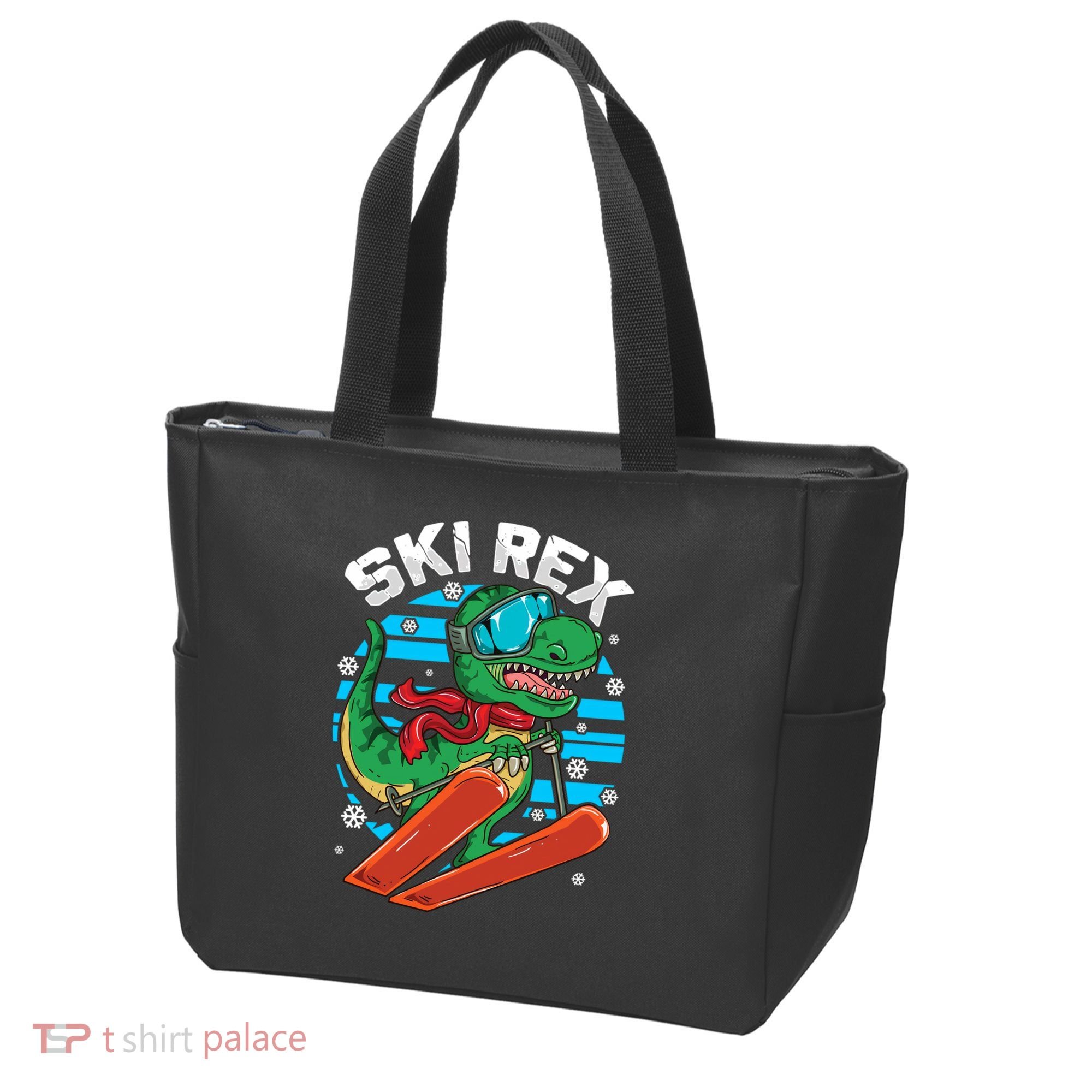 Funny Tyrannosaurus Rex Dinosaur Girls Skiing SKI REX Tote Bag