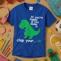 Funny T Rex If You're Happy Gift And You Know It Clap Your Oh Gift Kids T-Shirt thumb 3