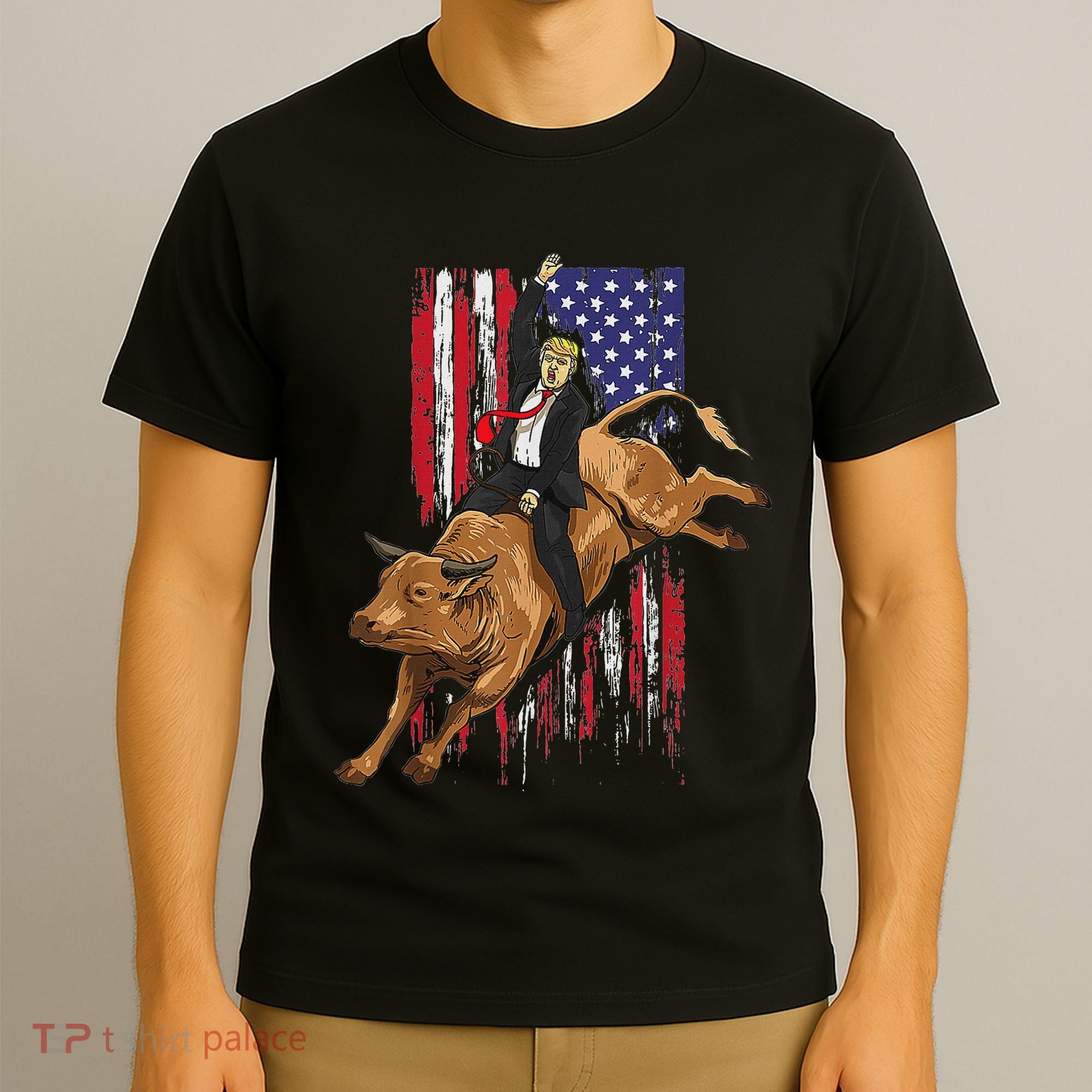 Funny Trump Rodeo Bull Rider Patriotic American Flag Trump T-Shirt