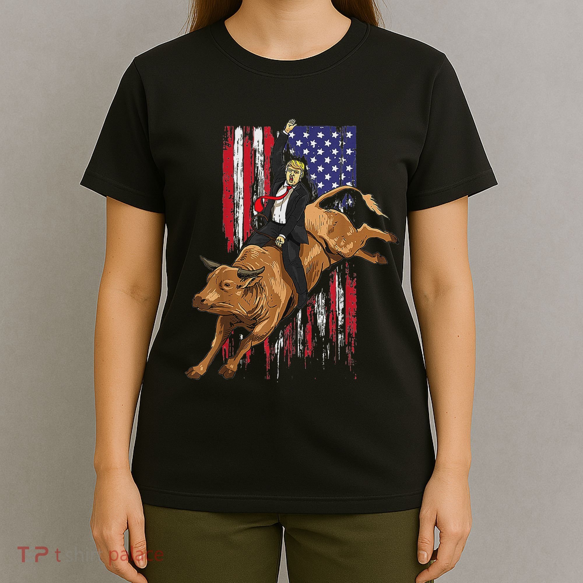 Funny Trump Rodeo Bull Rider Patriotic American Flag Trump T-Shirt