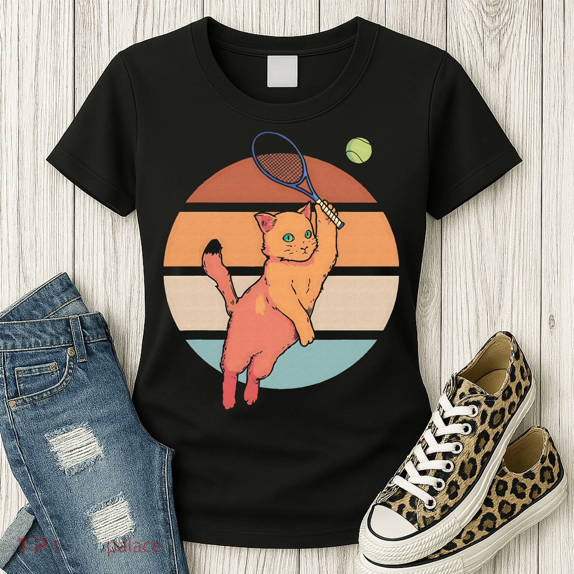 Funny Tennis Racket Cat Playing Tennis Women's T-Shirt