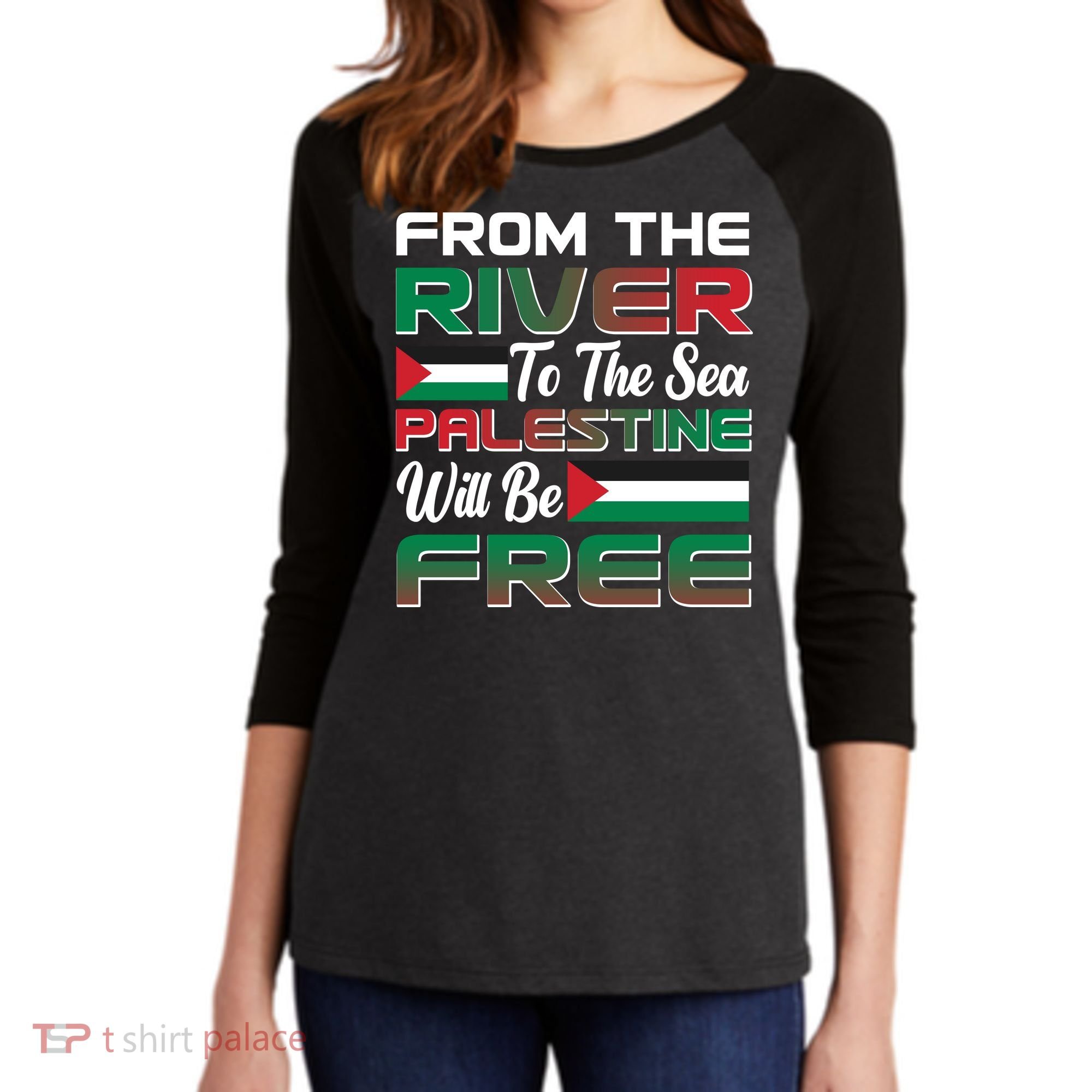 From The River To The Sea Palestine Will Be Free Women's Tri-Blend 3/4-Sleeve Raglan Shirt