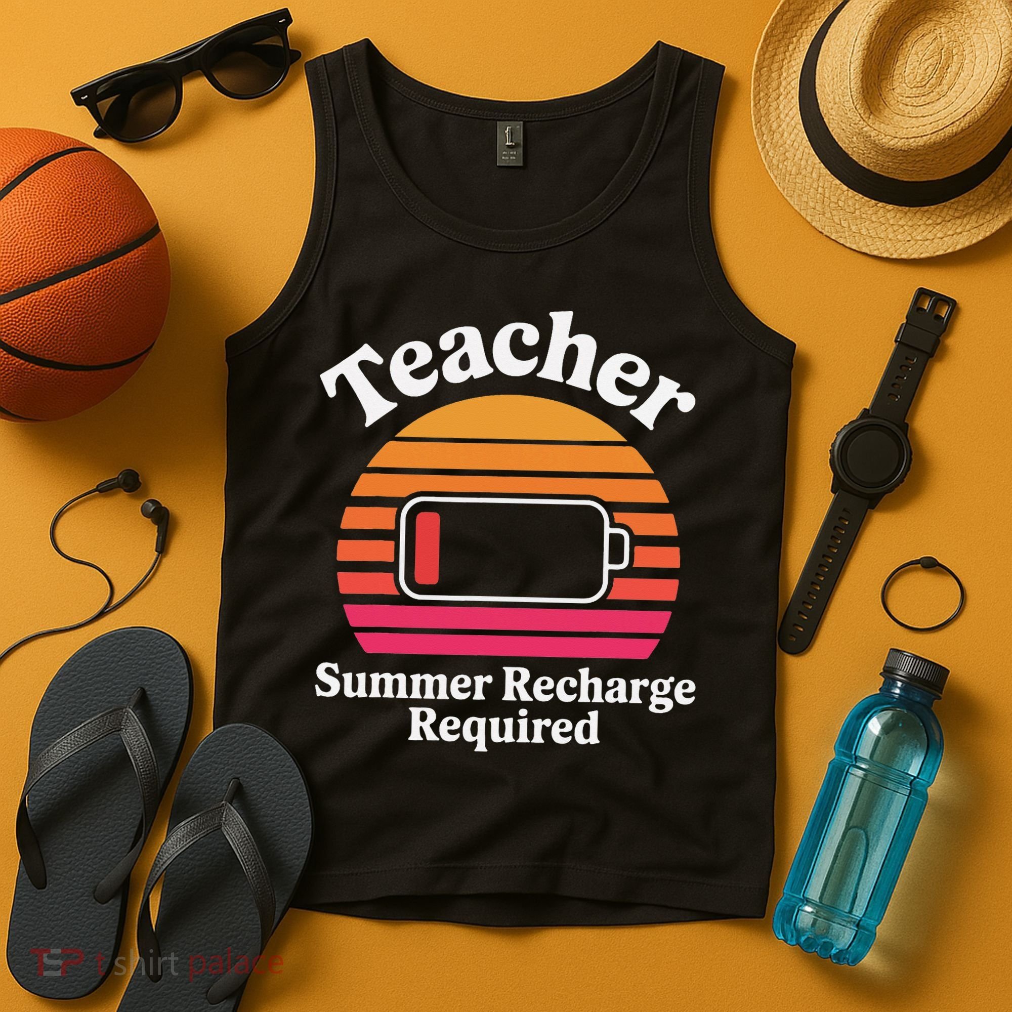 Funny Teacher Summer Recharge Required Low Battery Humor Tank Top