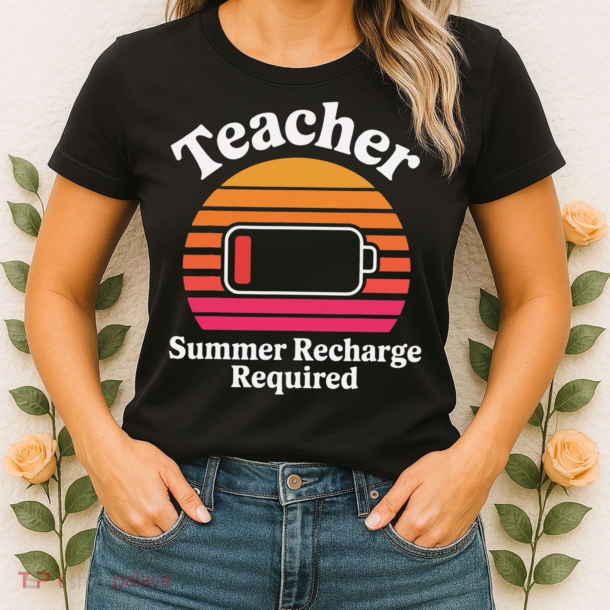 Funny Teacher Summer Recharge Required Low Battery Humor Women's T-Shirt