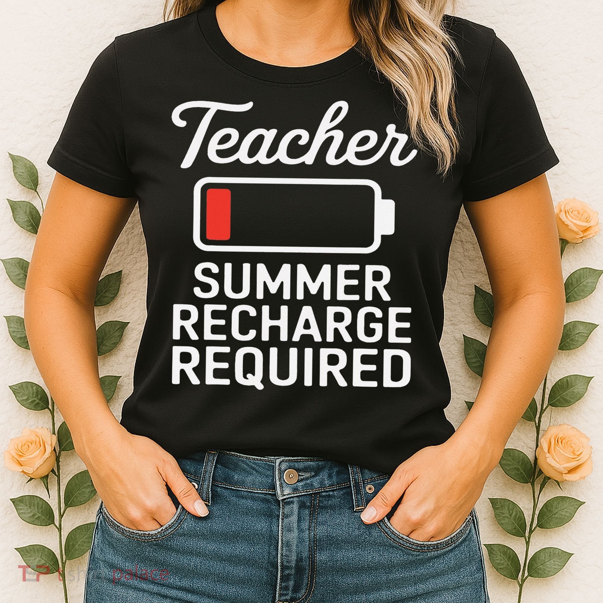 Funny Teacher Summer Recharge Required Low Battery Humor Women's T-Shirt