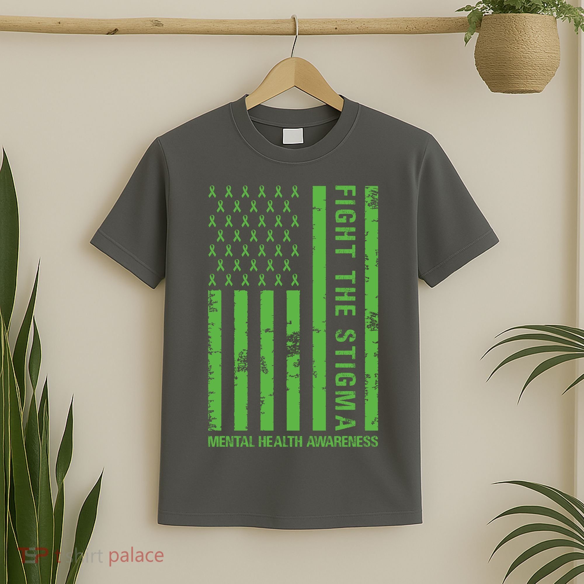 Fight The Stigma Mental Health Awareness Green Usa Flag T-Shirt