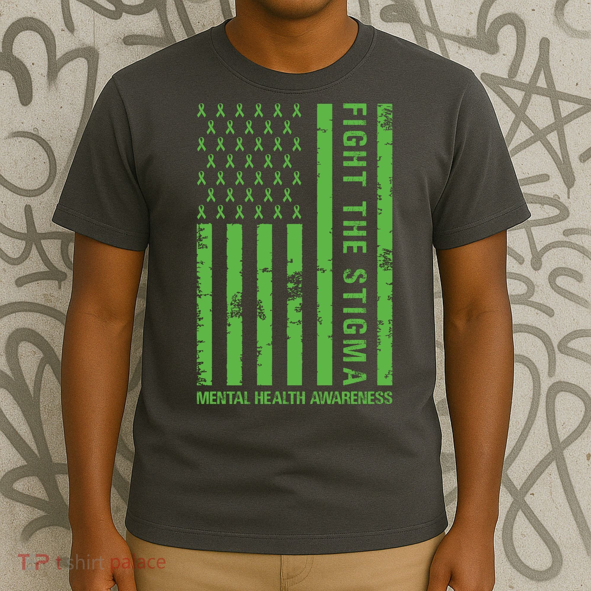 Fight The Stigma Mental Health Awareness Green Usa Flag T-Shirt