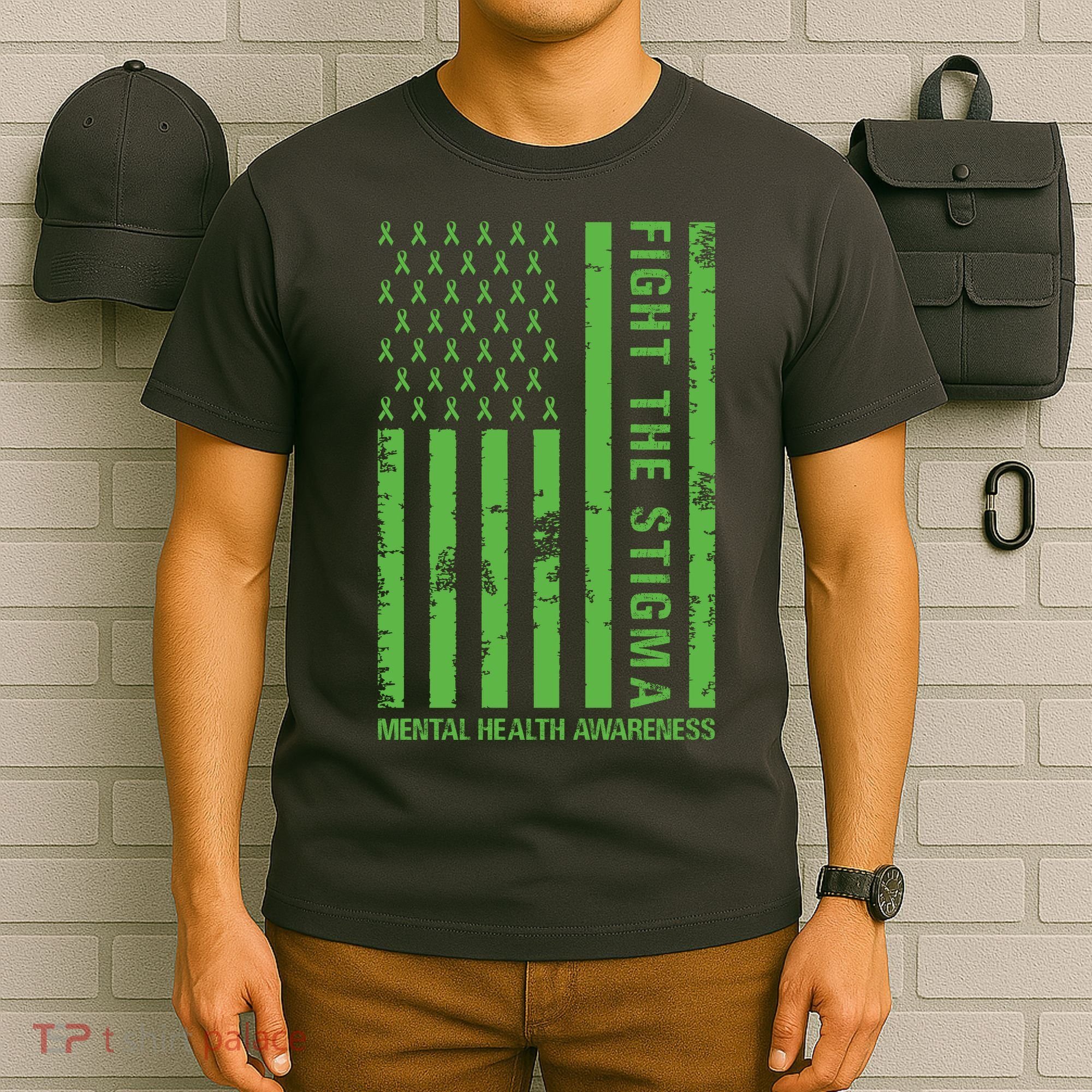 Fight The Stigma Mental Health Awareness Green Usa Flag T-Shirt