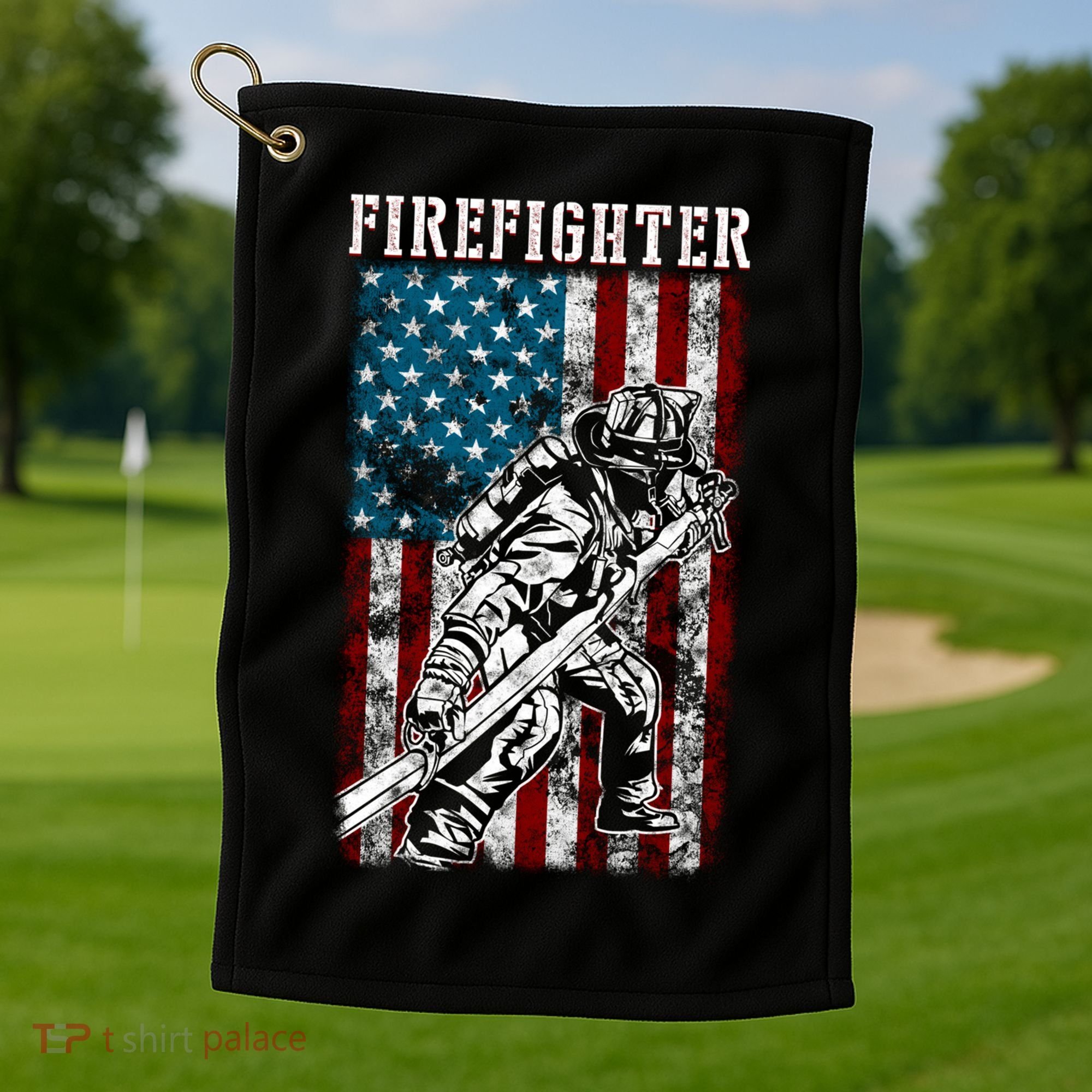 Fire Tattered Stripes Patriotic Firefighter American Flag Gift Golf Towel