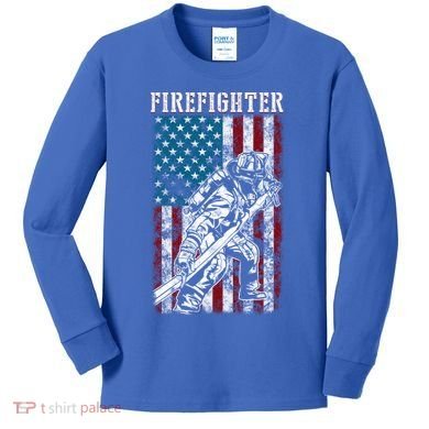 Fire Tattered Stripes Patriotic Firefighter American Flag Gift Kids Long Sleeve Shirt