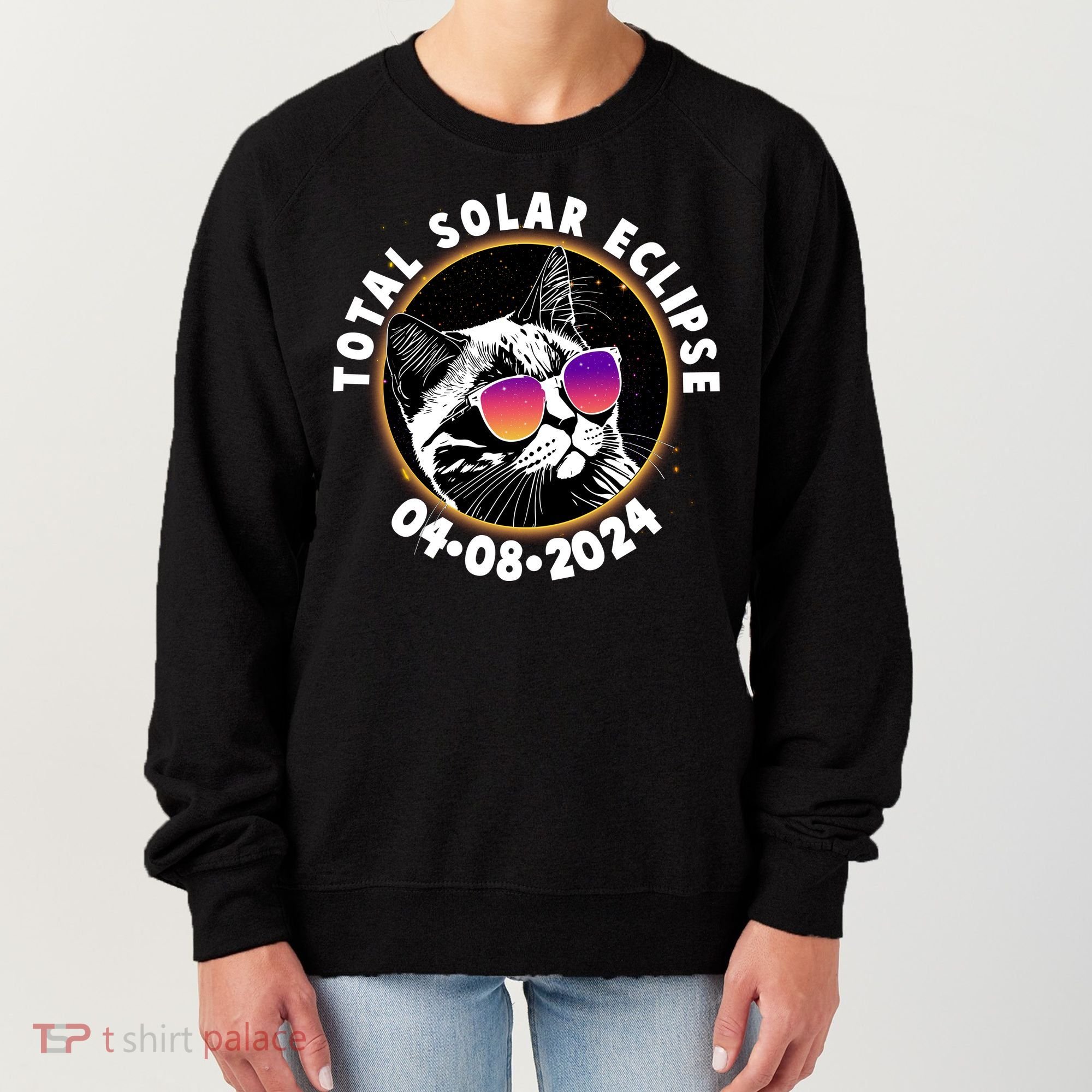 Funny Total Solar Eclipse April 8 2024 Sunglasses Cat Women's Sweatshirt