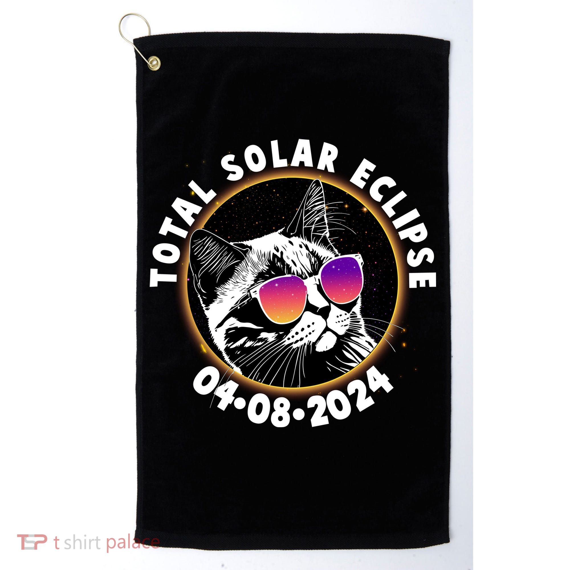 Funny Total Solar Eclipse April 8 2024 Sunglasses Cat Golf Towel