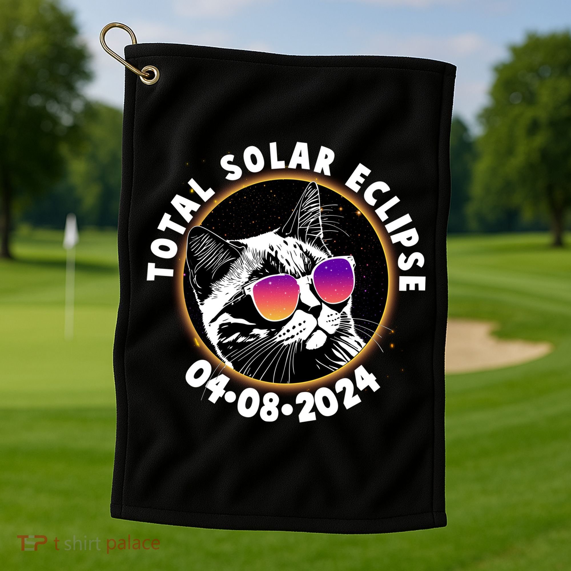 Funny Total Solar Eclipse April 8 2024 Sunglasses Cat Golf Towel