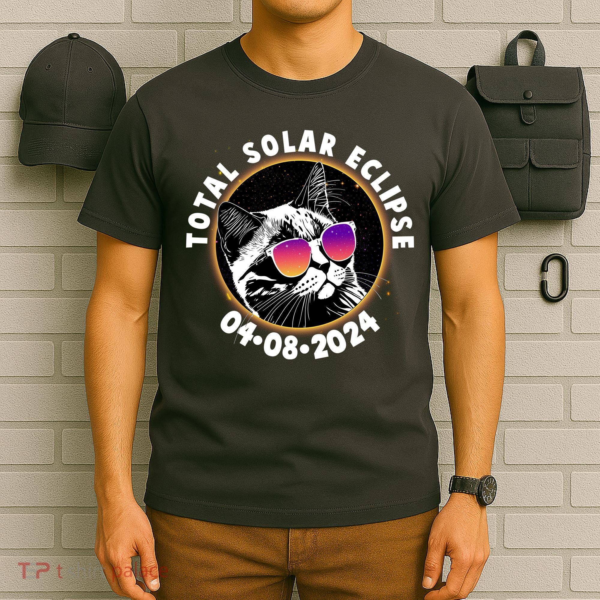 Funny Total Solar Eclipse April 8 2024 Sunglasses Cat T-Shirt
