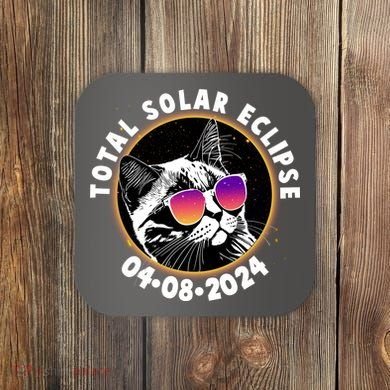 Funny Total Solar Eclipse April 8 2024 Sunglasses Cat Coaster