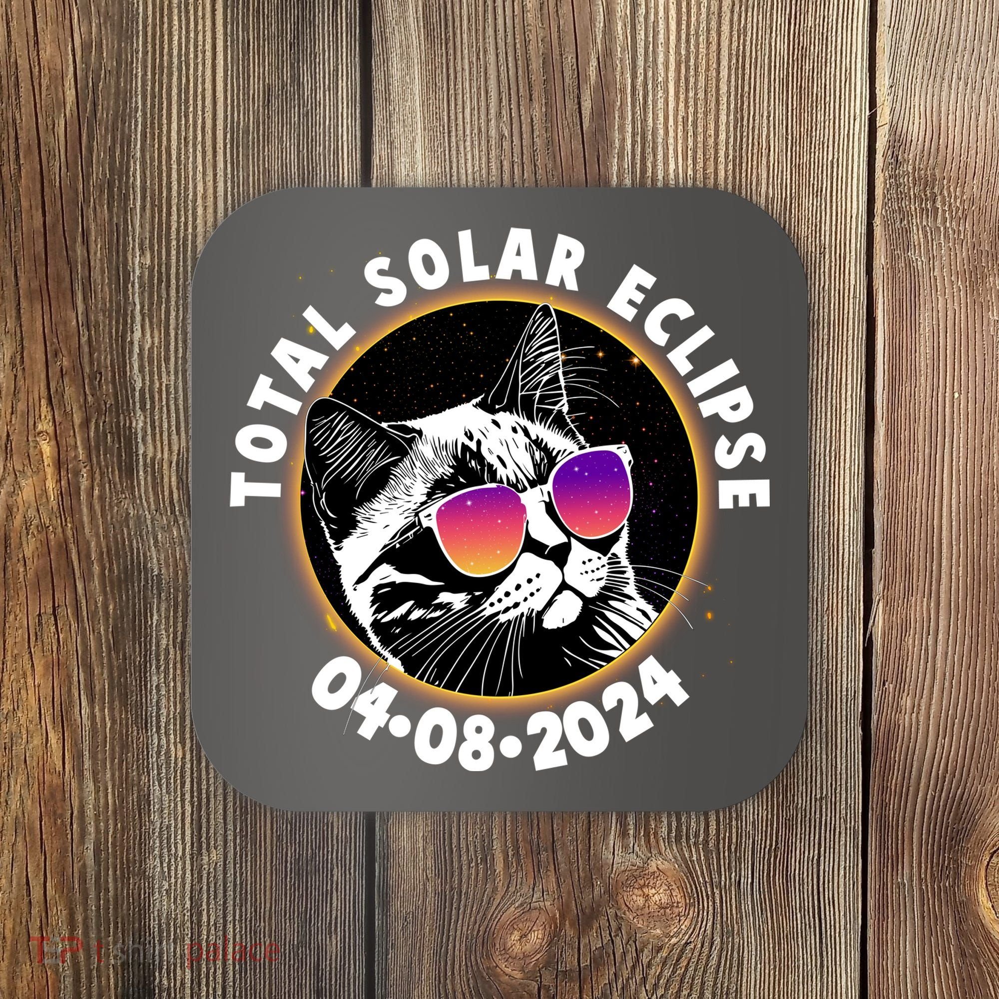 Funny Total Solar Eclipse April 8 2024 Sunglasses Cat Coaster