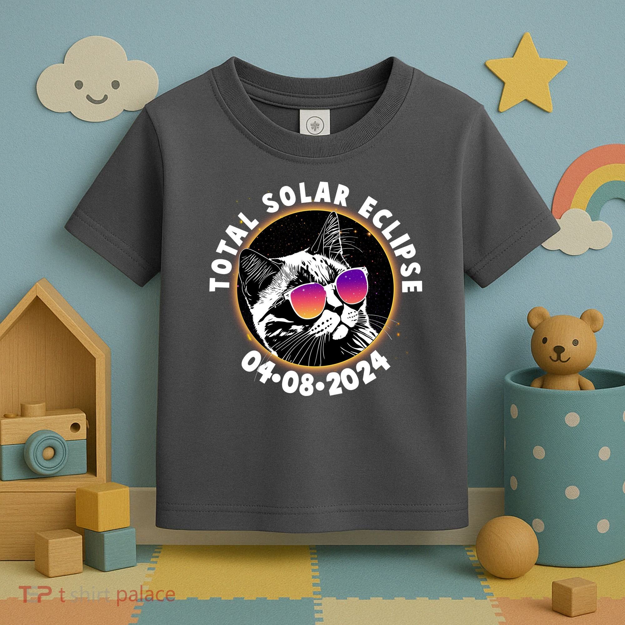 Funny Total Solar Eclipse April 8 2024 Sunglasses Cat Toddler T-Shirt