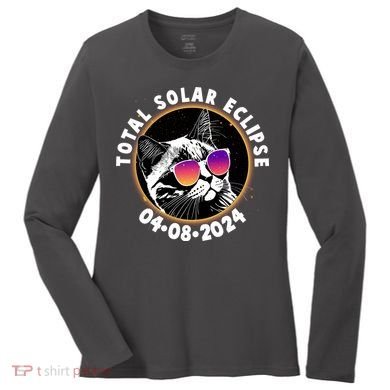 Funny Total Solar Eclipse April 8 2024 Sunglasses Cat Women's Long Sleeve Shirt