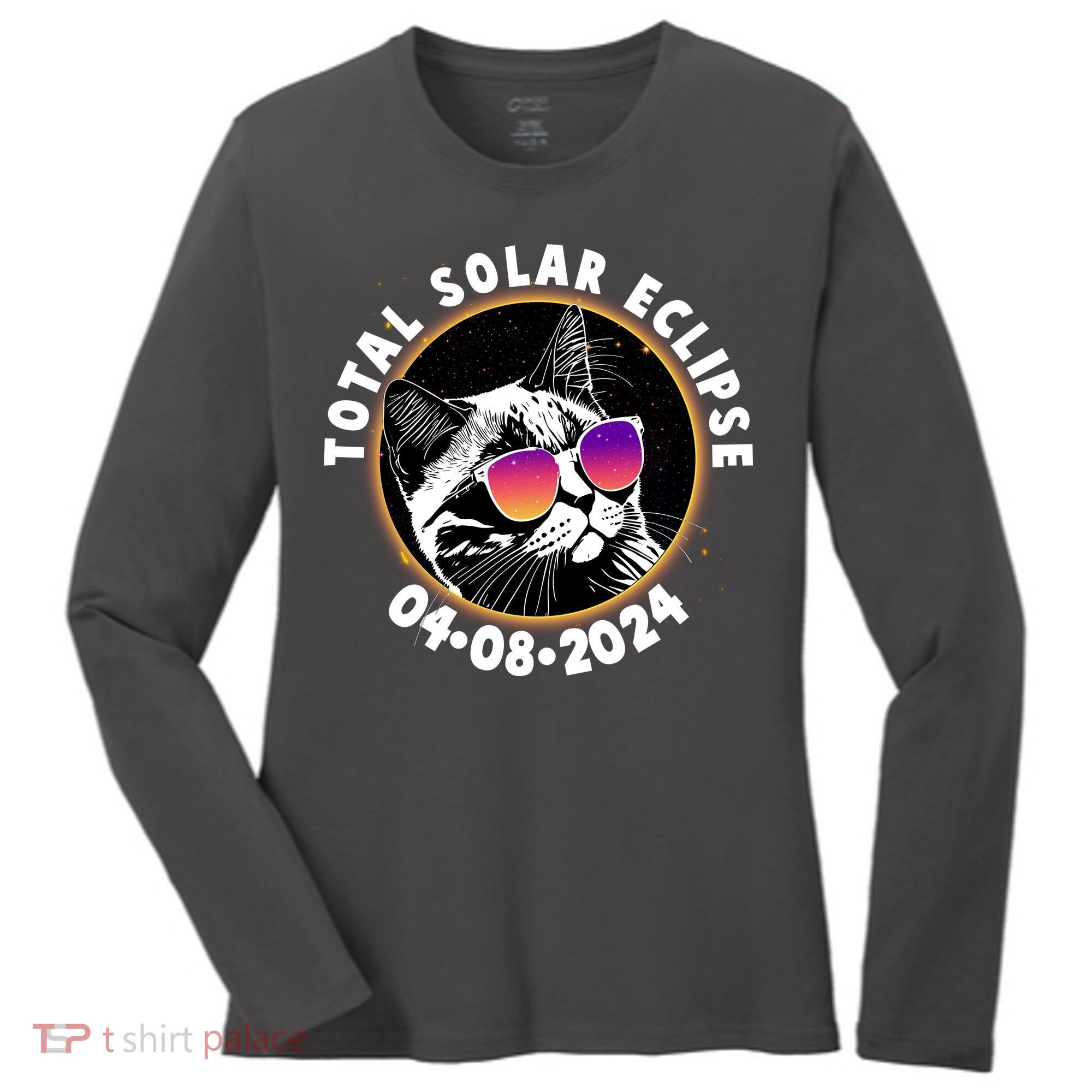 Funny Total Solar Eclipse April 8 2024 Sunglasses Cat Women's Long Sleeve Shirt