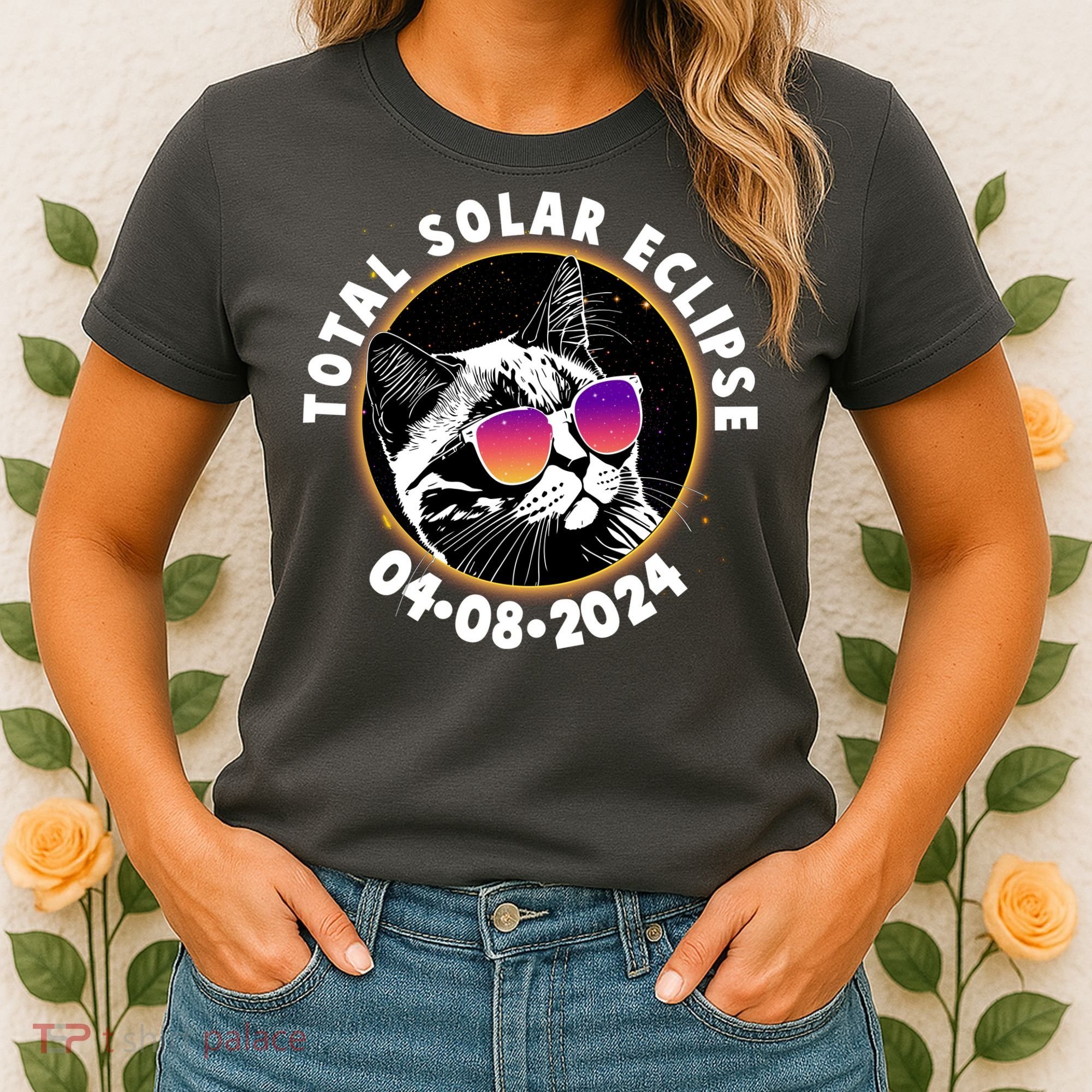 Funny Total Solar Eclipse April 8 2024 Sunglasses Cat Women's T-Shirt