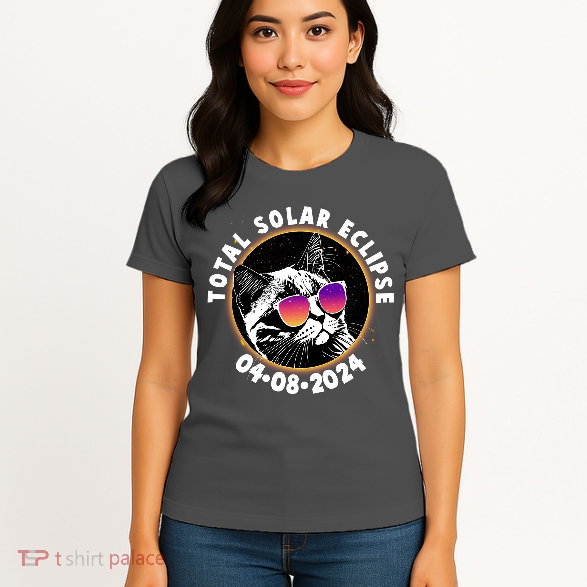 Funny Total Solar Eclipse April 8 2024 Sunglasses Cat Women's T-Shirt