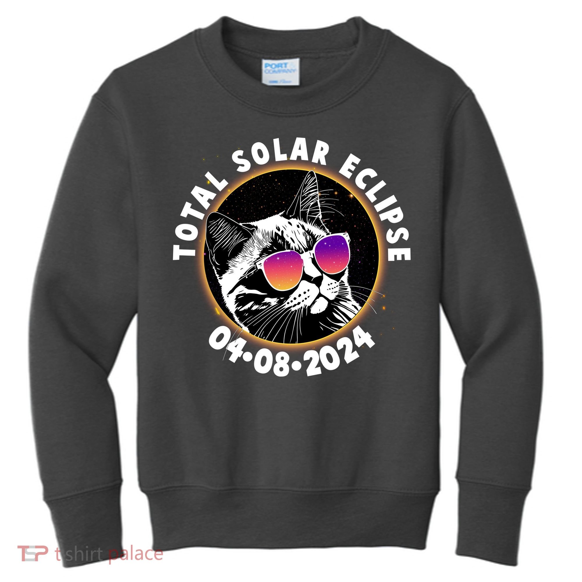 Funny Total Solar Eclipse April 8 2024 Sunglasses Cat Kids Sweatshirt