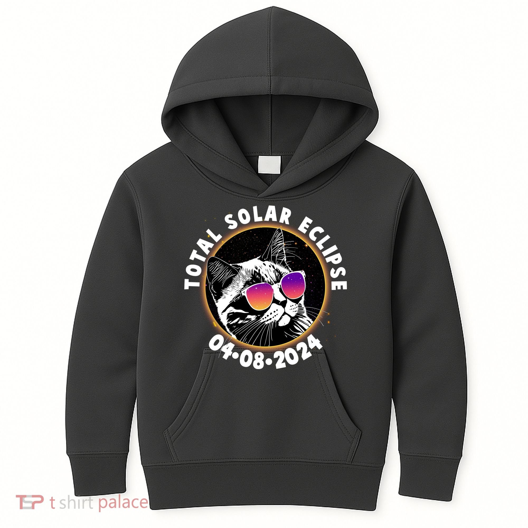 Funny Total Solar Eclipse April 8 2024 Sunglasses Cat Kids Hoodie