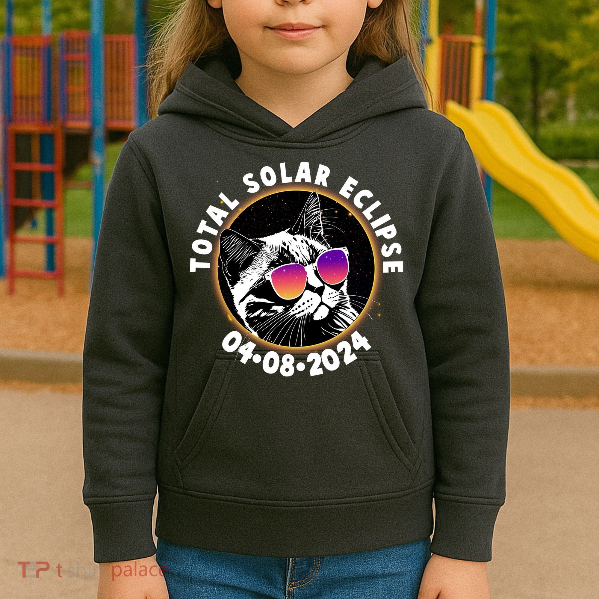 Funny Total Solar Eclipse April 8 2024 Sunglasses Cat Kids Hoodie