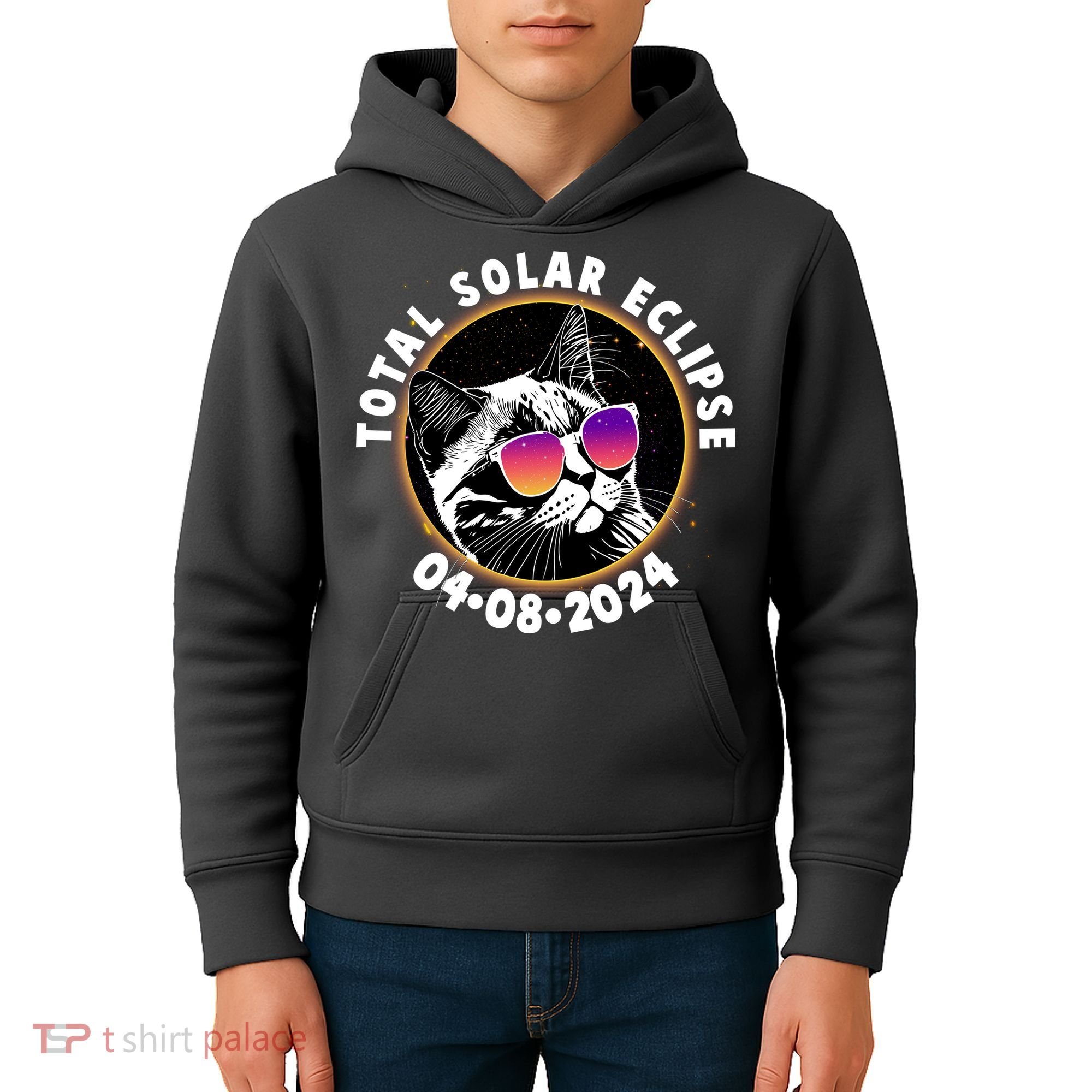 Funny Total Solar Eclipse April 8 2024 Sunglasses Cat Kids Hoodie