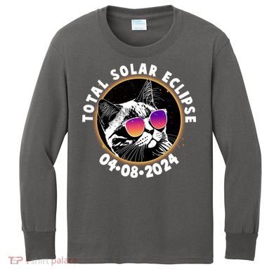 Funny Total Solar Eclipse April 8 2024 Sunglasses Cat Kids Long Sleeve Shirt