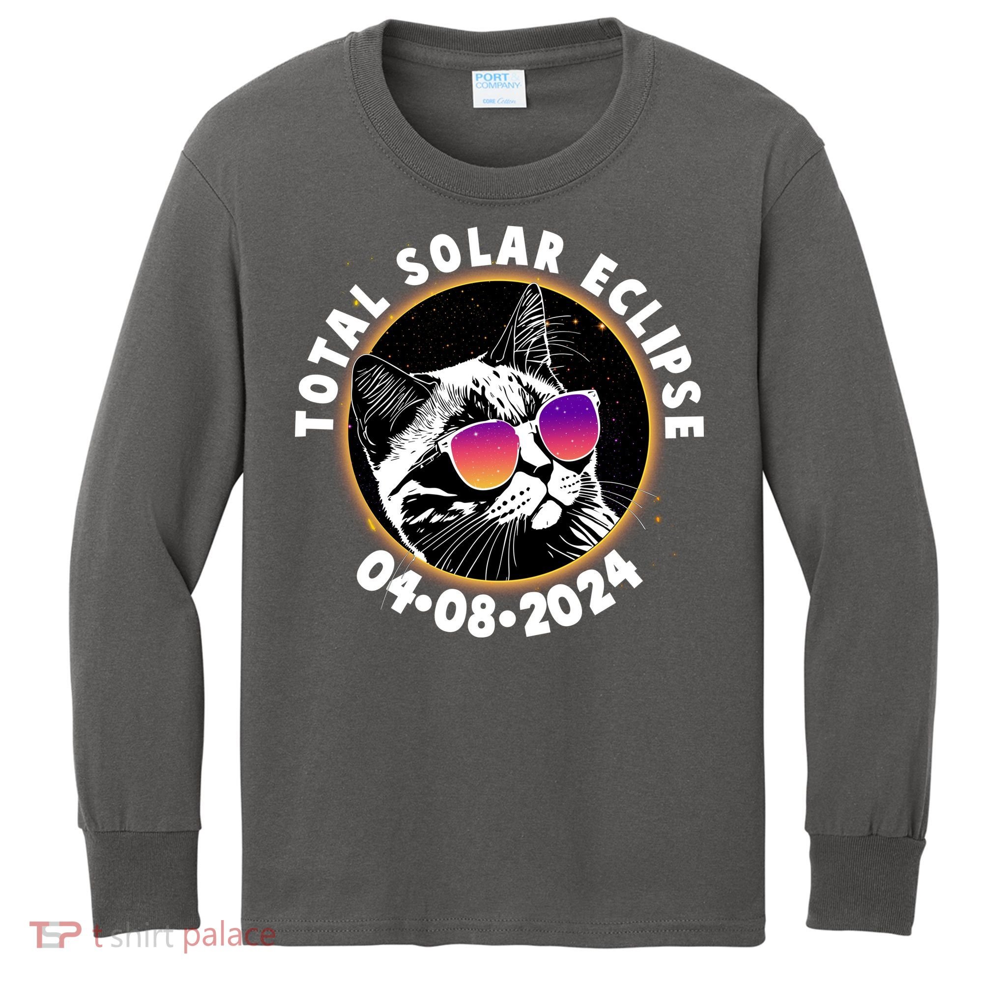 Funny Total Solar Eclipse April 8 2024 Sunglasses Cat Kids Long Sleeve Shirt