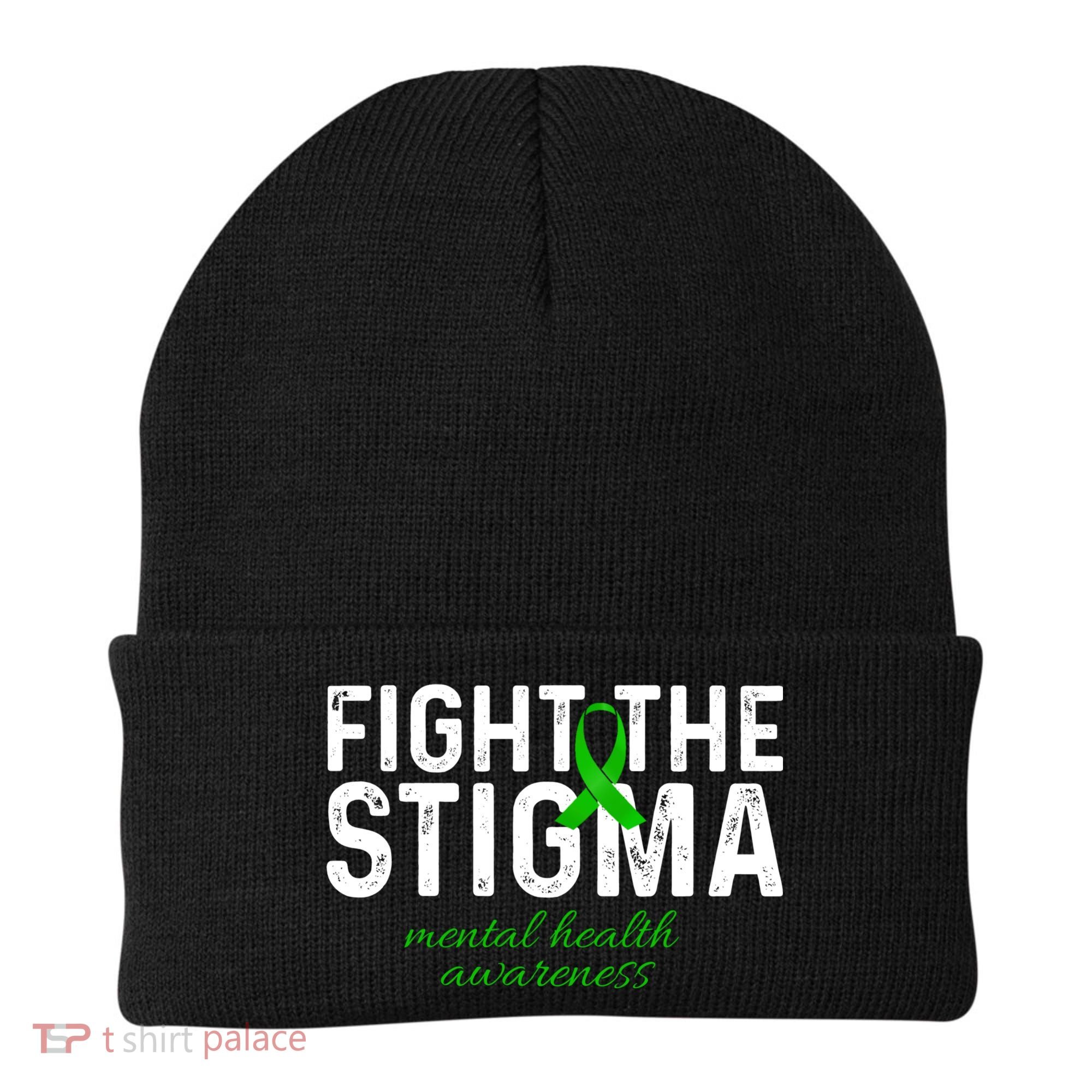 Fight The Stigma Mental Health Awareness Messy Bun Ribbon Beanie