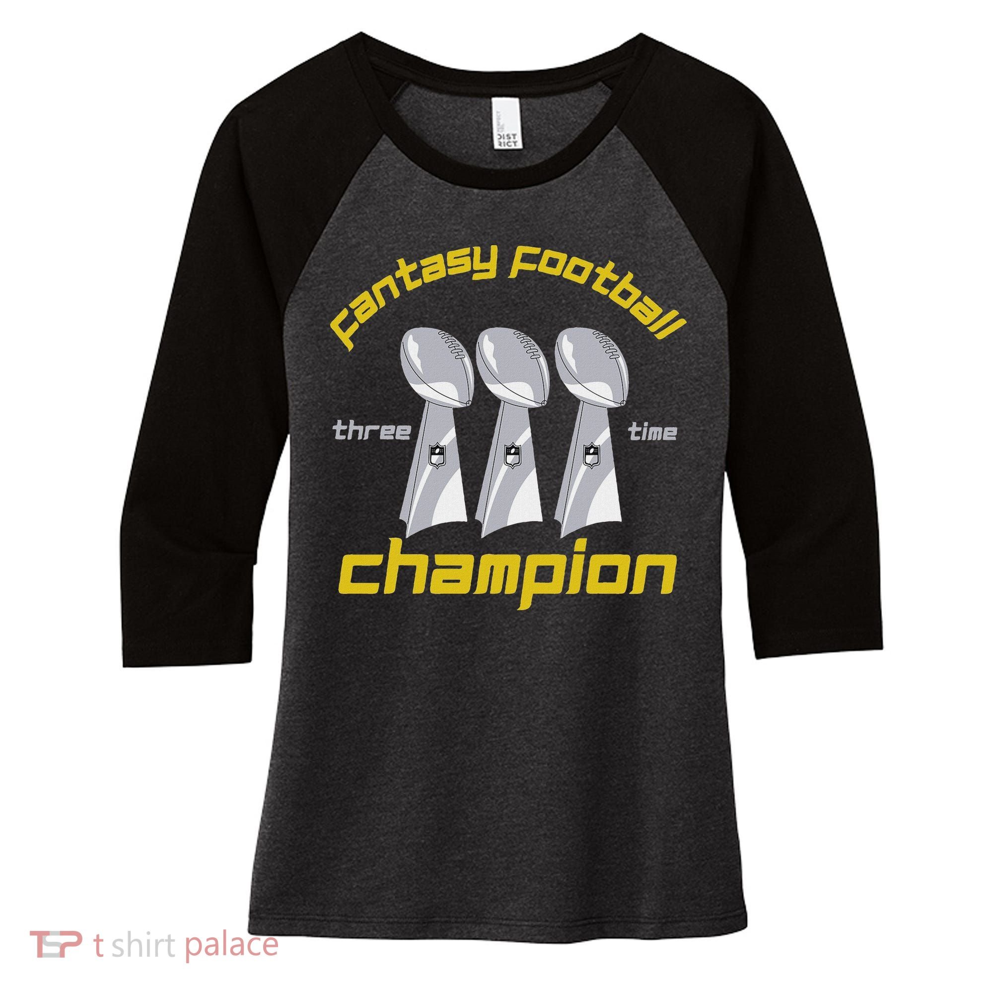 Fun Three Time Fantasy Football League Champion Trophy Women's Tri-Blend 3/4-Sleeve Raglan Shirt