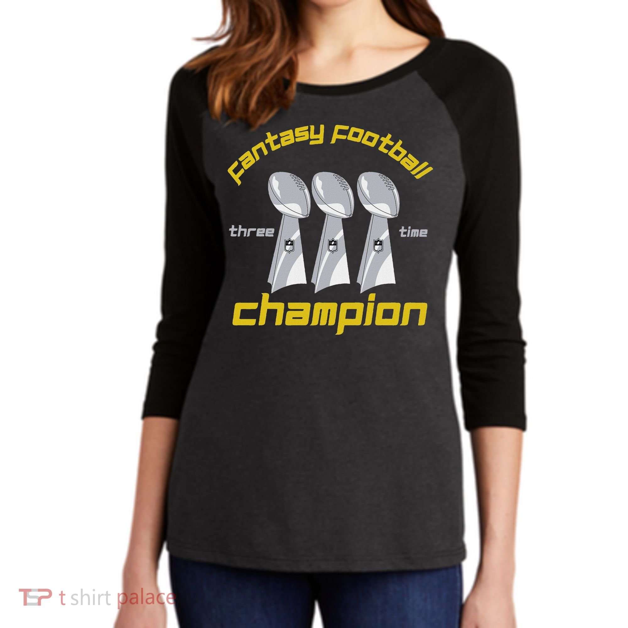 Fun Three Time Fantasy Football League Champion Trophy Women's Tri-Blend 3/4-Sleeve Raglan Shirt