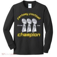 Fun Three Time Fantasy Football League Champion Trophy Kids Long Sleeve Shirt thumb 0