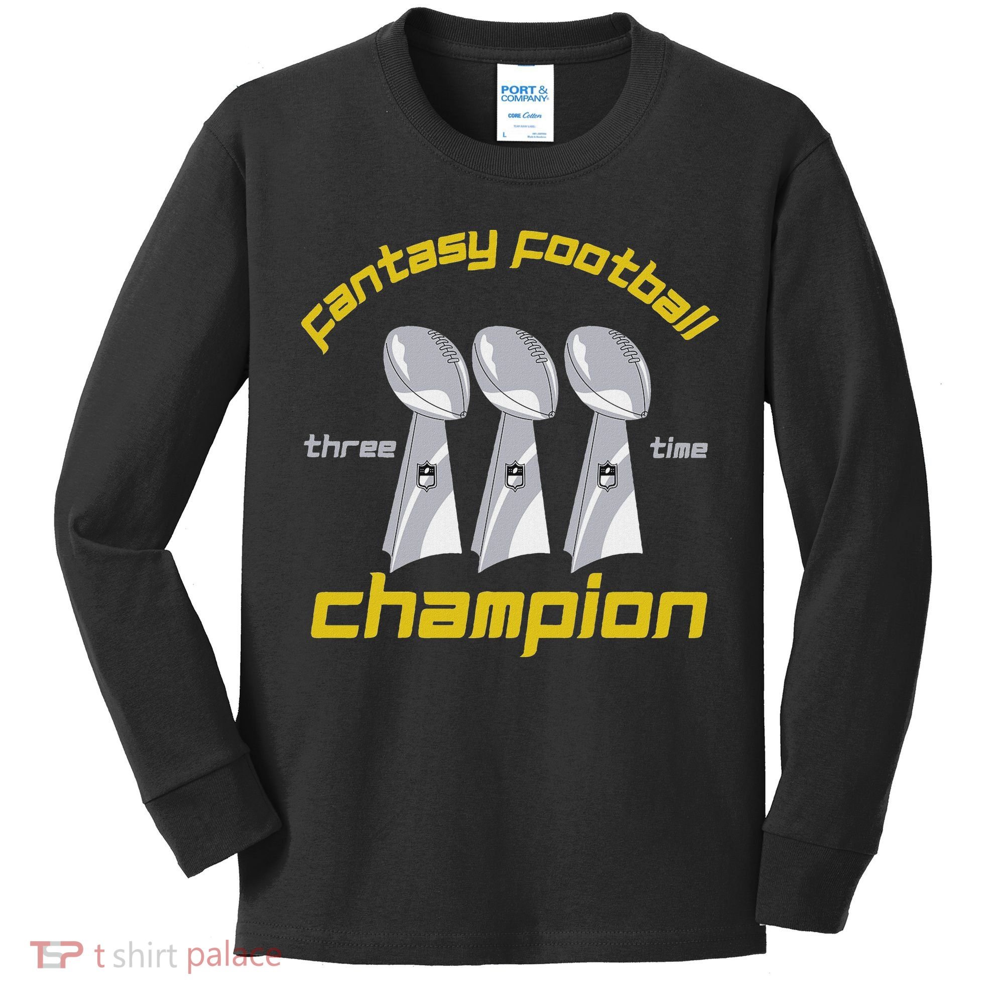 Fun Three Time Fantasy Football League Champion Trophy Kids Long Sleeve Shirt