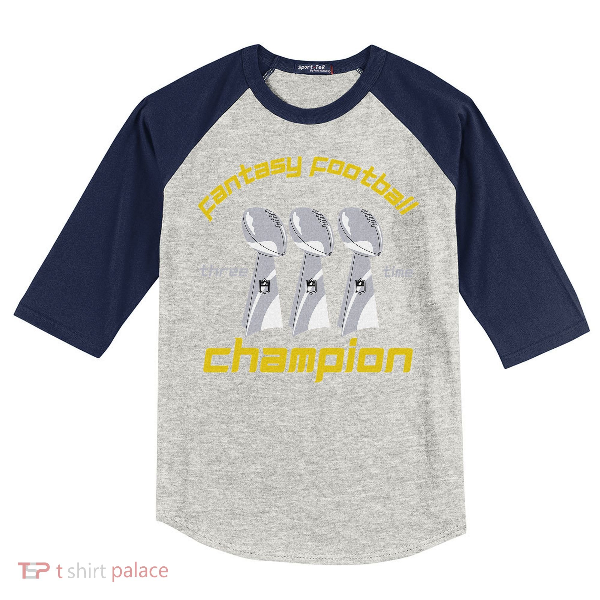 Fun Three Time Fantasy Football League Champion Trophy Kids Colorblock Raglan Jersey