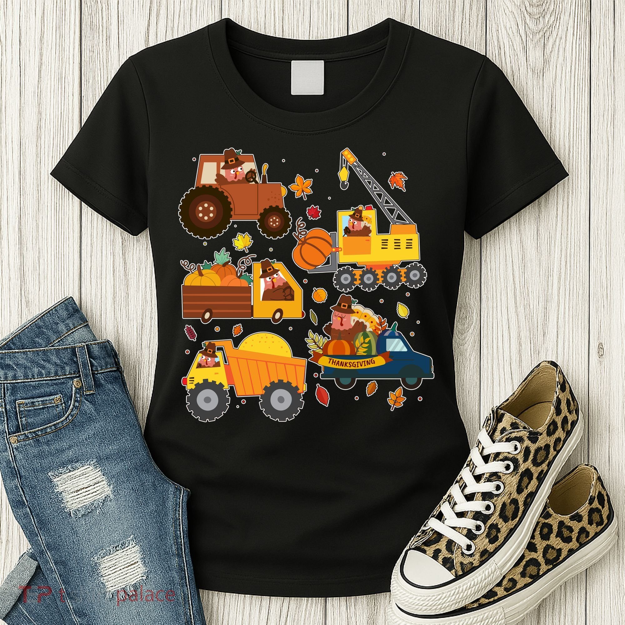 Funny Thanksgiving Turkeys Construction Vehicles Women's T-Shirt