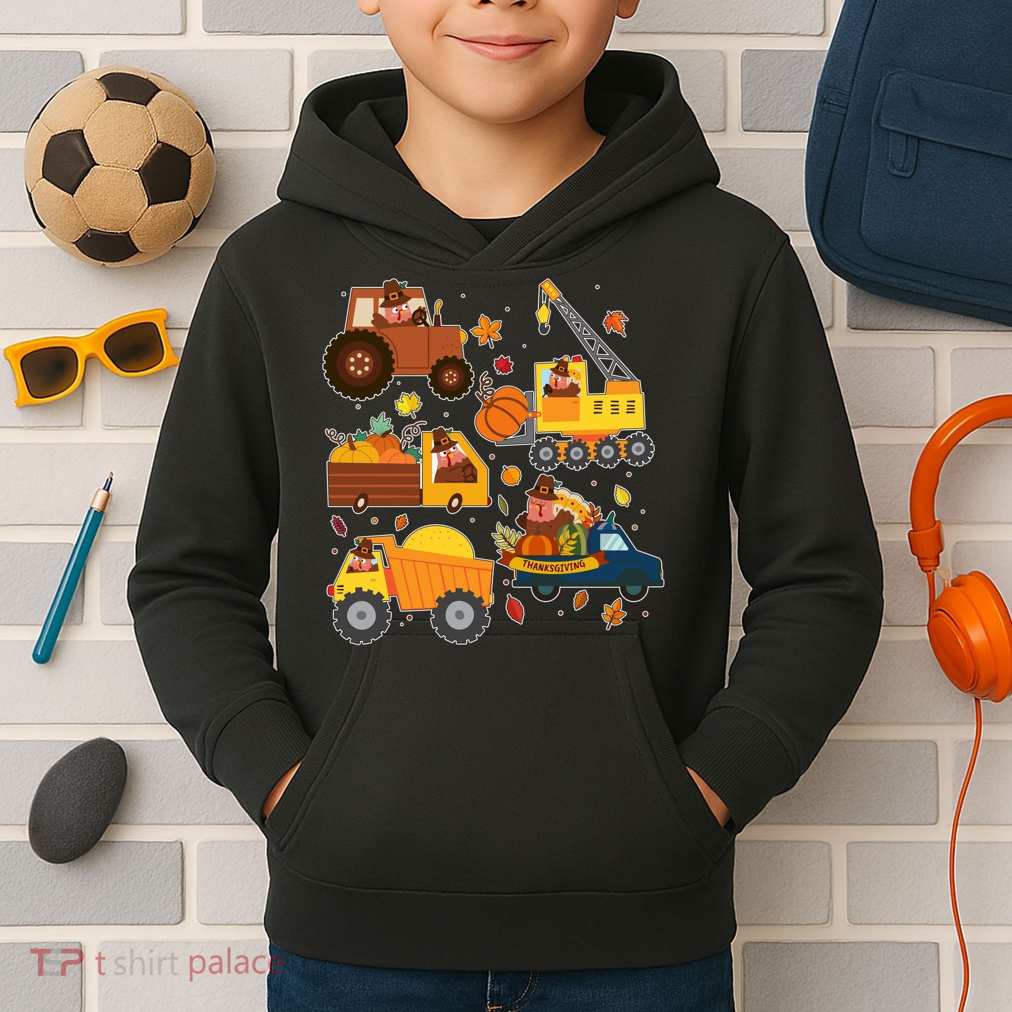 Funny Thanksgiving Turkeys Construction Vehicles Kids Hoodie