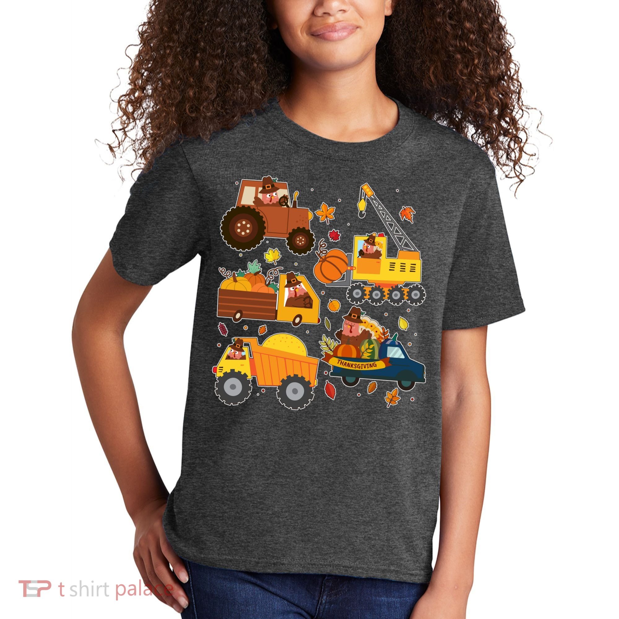 Funny Thanksgiving Turkeys Construction Vehicles Kids T-Shirt