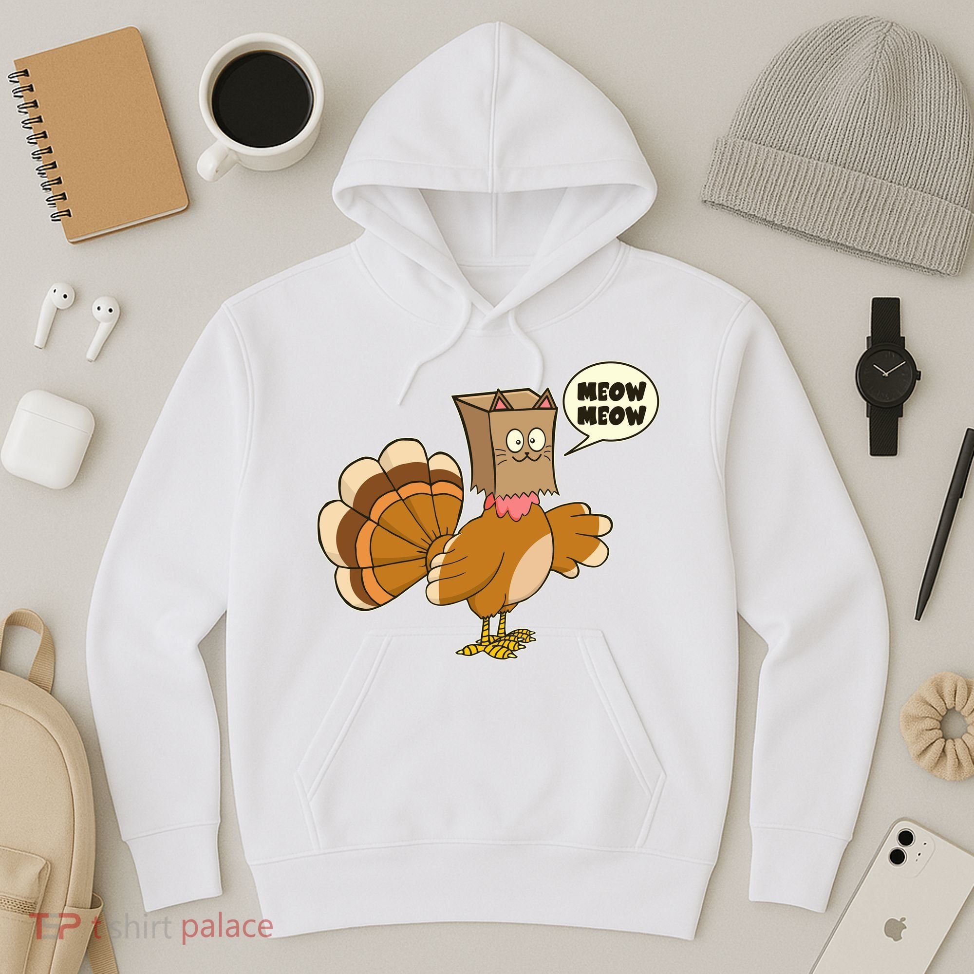 Funny Thanksgiving Turkey In Cat Face Paper Bag Hoodie