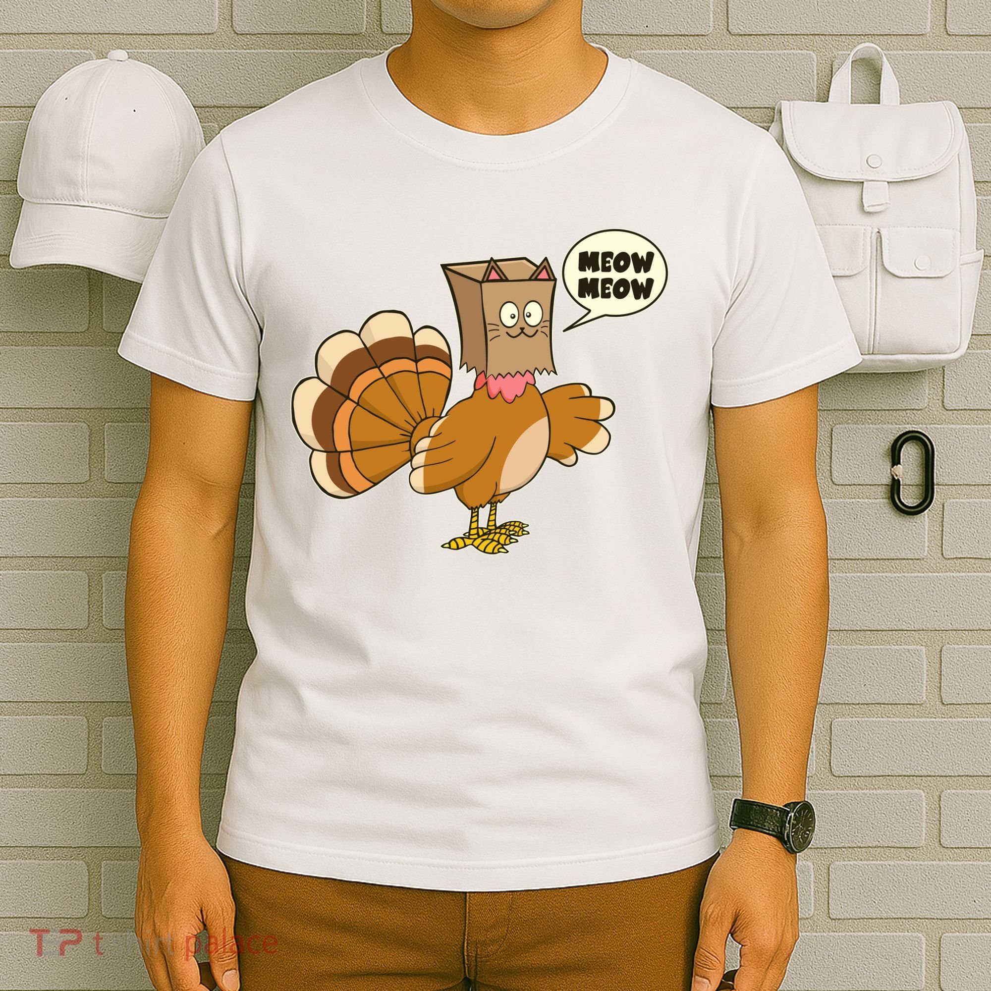 Funny Thanksgiving Turkey In Cat Face Paper Bag T-Shirt