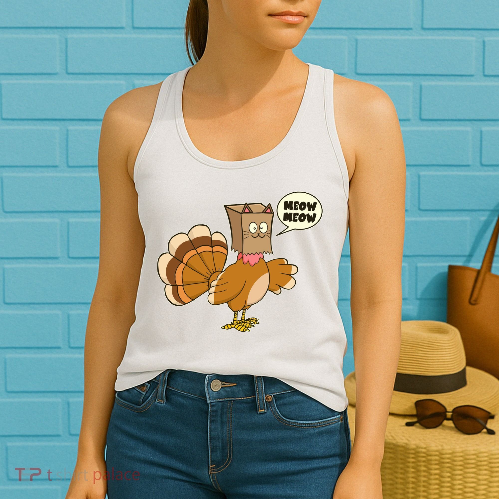Funny Thanksgiving Turkey In Cat Face Paper Bag Women's Tank Top